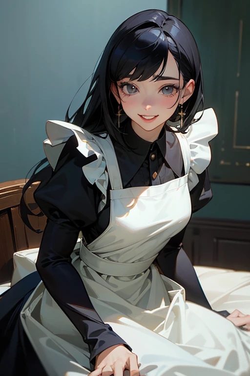 (Highest Resolution, clear_image) Highest quality, single, One woman, alone, masterpiece, Very detailed, Semi-realistic, Black Hairのショートヘア, Black Hair, bangs, 18-year-old, mature, Light blue , Indoor Background, kind, Authoritative, Powerful, exquisite features, exquisite features、Eyelashes become longer、Showing teeth、smile😀、Maid clothes、woman&#39;Fingers in the、Sleeping on the sofa、Long Hair、Fluttering in the wind、((Off-the-shoulder clothing))