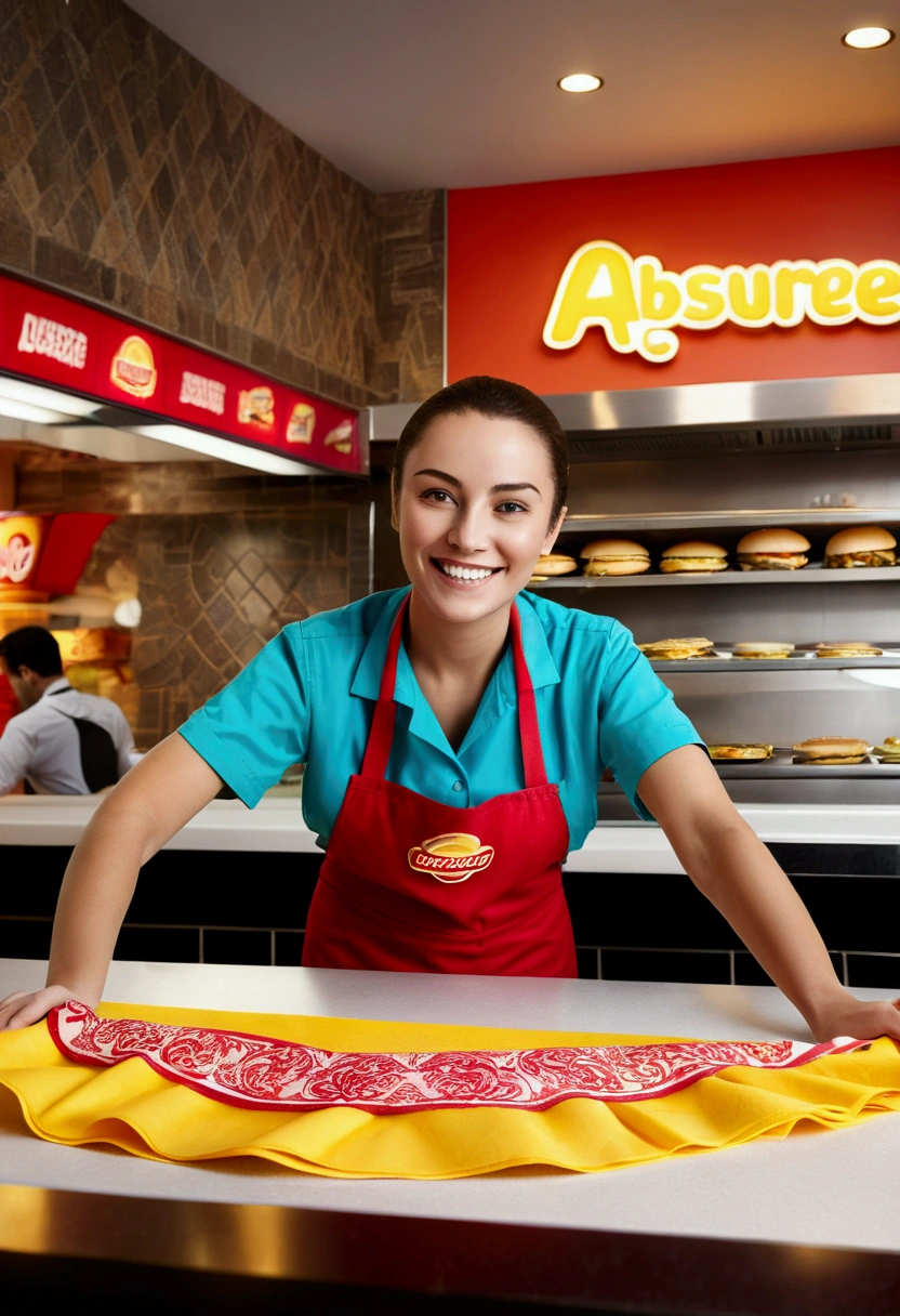 (Fast Food Worker), A fast food clerk stood behind the counter, quickly packaging hamburgers and fries in his hands, with a friendly smile on his face. The background was a busy fast food restaurant, with lively music playing inside and customers coming in a continuous stream. The clerk ordered while having pleasant conversations with customers, full body, (Photography), panoramic view, award-winning, cinematic still, emotional, vignette, dynamic, vivid, (masterpiece, best quality, Professional, perfect composition, very aesthetic, absurdres, ultra-detailed, intricate details:1.3)