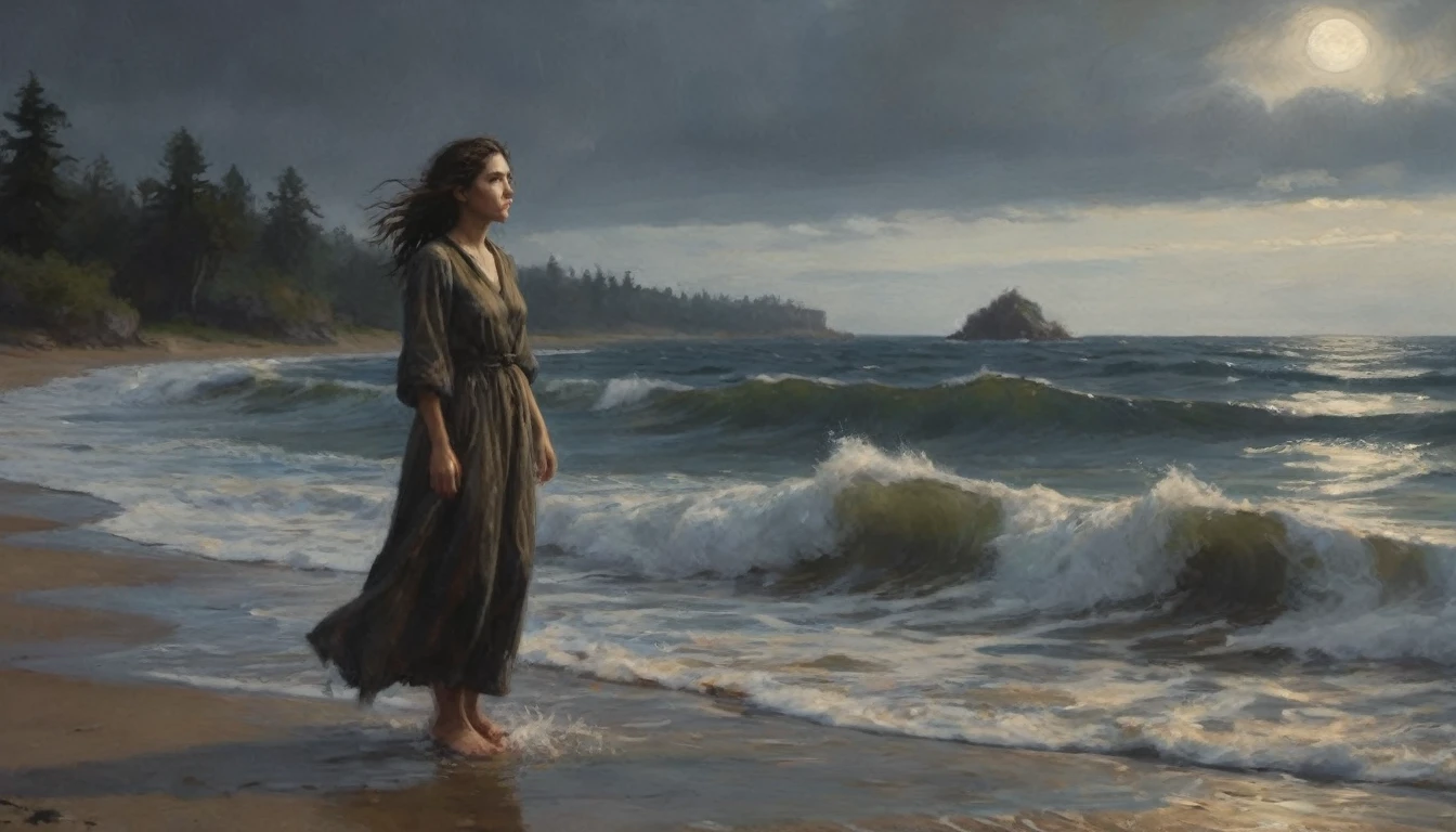 (best quality,4k,8k,highres,masterpiece:1.2),ultra-detailed,(realistic, photorealistic,photo-realistic:1.37), ((Horrow, scary scene, night: 1.5)), (I was paralyzed with fear. The figure gradually approached the shore and finally emerged. It was a young woman who had been reported missing. She stood there with a blank expression, her wet hair hanging down, and she reached out towards me.)