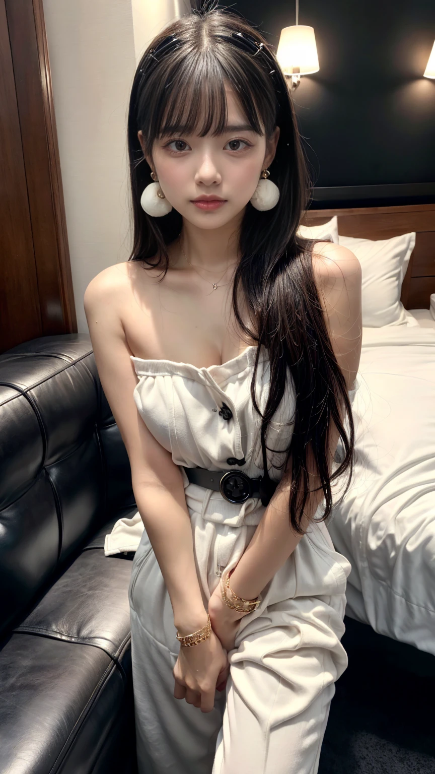 (absurdres:1.3), (highres:1.3), (ultra detailed:1.3),(1girl:1.3), (extremely detailed CG unity 8k wallpaper:1.3), (detailed skin texture, detailed cloth texture, detailed hair texture), (beautiful detailed face, supermodel, pale skin, realistic glistening skin), (RAW photo, best quality), (realistic, photo-realistic:1.4), masterpiece, extremely delicate and beautiful,Amazing, finely detail, extremely detailed CG unity 8k wallpaper, huge filesize, ultra-detailed, highres, absurdres, soft light,rim light, vibrant details, hotel room, straight hair, large breasts, black hair color, Big Natural Color Lip, (perfect body shape), beautiful legs, BREAK (white theme:1.4), (oriental costume:1.2), (white oversized jumpsuit with bell-bottoms:1.4), ((sleeveless, bare shoulders, strapless):1.3),
BREAK ((belt, black button on chest, black knot on waist):1.2), ((bangles, earrings):1.2), (heeled sandals:1.2), crying a little、Harajuku style、20 year old girl、cute type、ta、