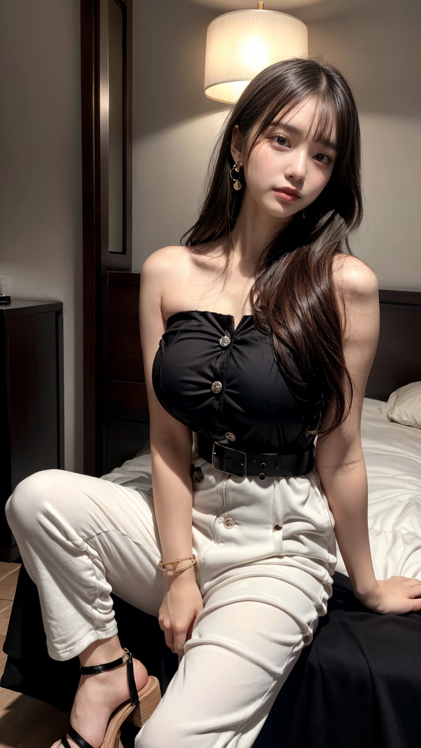 (absurdres:1.3), (highres:1.3), (ultra detailed:1.3),(1girl:1.3), (extremely detailed CG unity 8k wallpaper:1.3), (detailed skin texture, detailed cloth texture, detailed hair texture), (beautiful detailed face, supermodel, pale skin, realistic glistening skin), (RAW photo, best quality), (realistic, photo-realistic:1.4), masterpiece, extremely delicate and beautiful,Amazing, finely detail, extremely detailed CG unity 8k wallpaper, huge filesize, ultra-detailed, highres, absurdres, soft light,rim light, vibrant details, hotel room, straight hair, large breasts, black hair color, Big Natural Color Lip, (perfect body shape), beautiful legs, BREAK (white theme:1.4), (oriental costume:1.2), (white oversized jumpsuit with bell-bottoms:1.4), ((sleeveless, bare shoulders, strapless):1.3),
BREAK ((belt, black button on chest, black knot on waist):1.2), ((bangles, earrings):1.2), (heeled sandals:1.2), crying a little、Harajuku style、20 year old girl、cute type、ta、