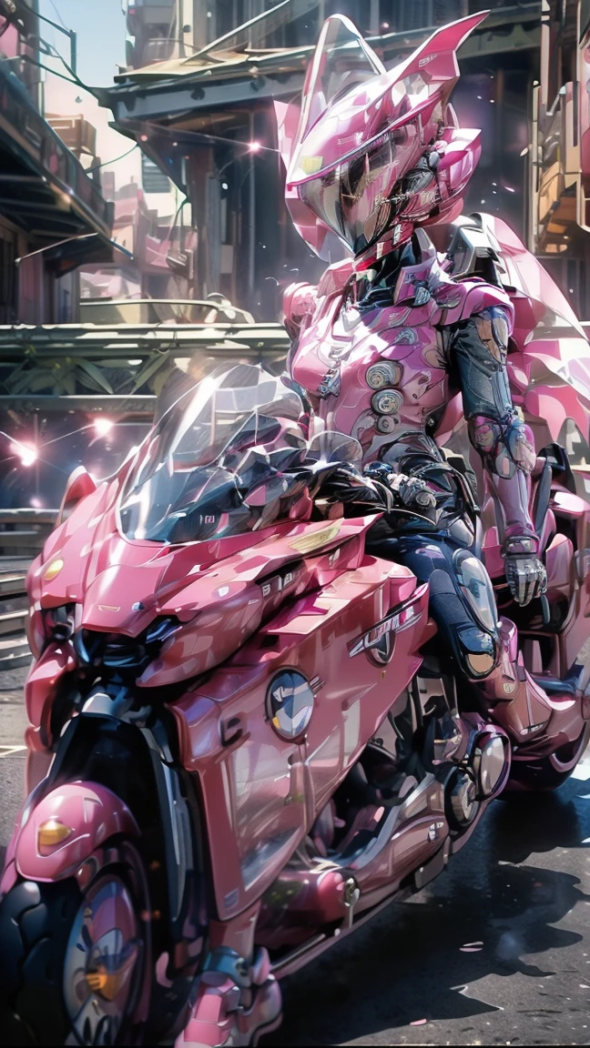 ((best quality)), ((masterpiece)), ((realistic)), (detailed), (photorealistic:1.5), (((succubus ))),((beautiful face, sharp face)), (thick body), (((pink bodysuit))), lights on armor, ((looking at viewer)), dynamic pose, science fiction, hdr, ray tracing, nvidia rtx, super-resolution, unreal 5, subsurface scattering, pbr texturing, post-processing, anisotropic filtering, depth of field, maximum clarity and sharpness, rule of thirds, 8k raw, (luminescent particles:1.4), (extremely detailed cg, unity 8k wallpaper, 3d, cinematic lighting,(((ride high technology motorbike)),(((she is not wearing helmet )))