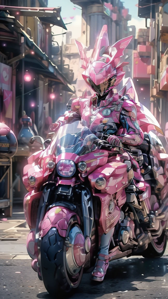 ((best quality)), ((masterpiece)), ((realistic)), (detailed), (photorealistic:1.5), (((succubus ))),((beautiful face, sharp face)), (thick body), (((pink bodysuit))), lights on armor, ((looking at viewer)), dynamic pose, science fiction, hdr, ray tracing, nvidia rtx, super-resolution, unreal 5, subsurface scattering, pbr texturing, post-processing, anisotropic filtering, depth of field, maximum clarity and sharpness, rule of thirds, 8k raw, (luminescent particles:1.4), (extremely detailed cg, unity 8k wallpaper, 3d, cinematic lighting,(((ride high technology motorbike)),(((she is not wearing helmet )))