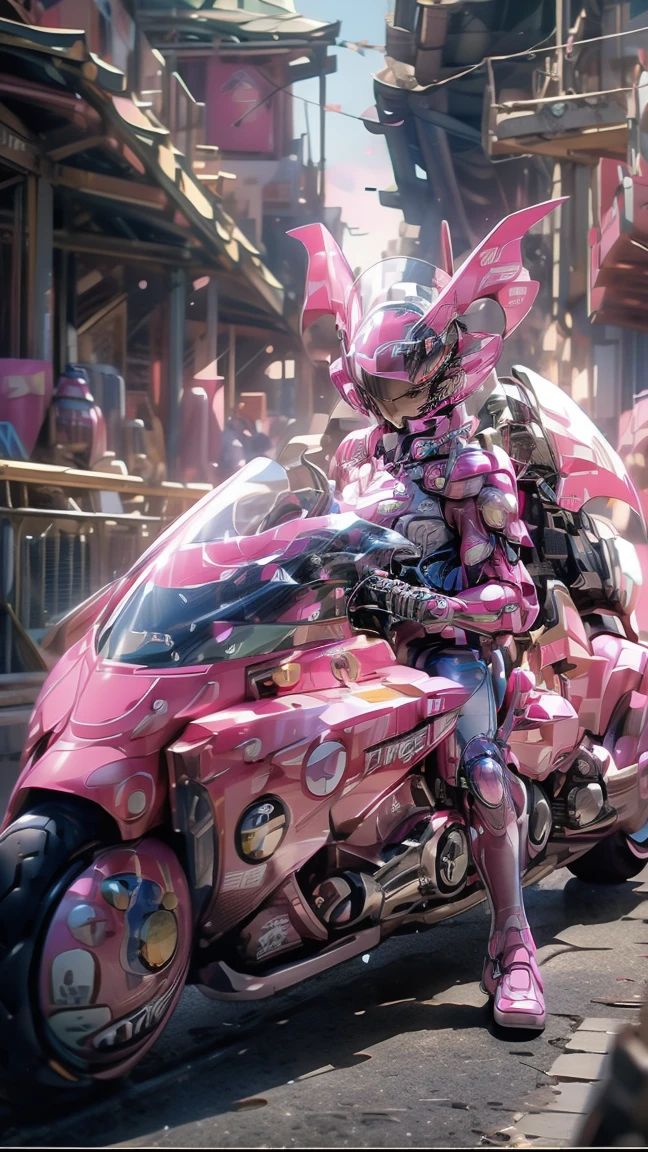 ((best quality)), ((masterpiece)), ((realistic)), (detailed), (photorealistic:1.5), (((succubus ))),((beautiful face, sharp face)), (thick body), (((pink bodysuit))), lights on armor, ((looking at viewer)), dynamic pose, science fiction, hdr, ray tracing, nvidia rtx, super-resolution, unreal 5, subsurface scattering, pbr texturing, post-processing, anisotropic filtering, depth of field, maximum clarity and sharpness, rule of thirds, 8k raw, (luminescent particles:1.4), (extremely detailed cg, unity 8k wallpaper, 3d, cinematic lighting,(((ride high technology motorbike)),(((she is not wearing helmet )))