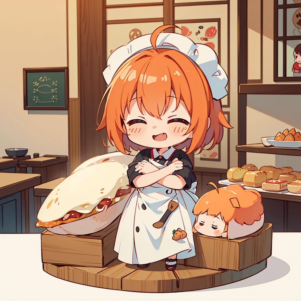 (((masutepiece))), Best Quality, Extremely detailed, (Chef Costume:1.2), (Chef's Hat), (((girl)), (((Solo))), Happy, ((Half body)), Ahoge, (((Deformed))), (((Chibi Character))), ((( Restaurant))),, ((crossed arms))), (((cooking)), ((many food)), (( food on table)), ((girl stand behind table))