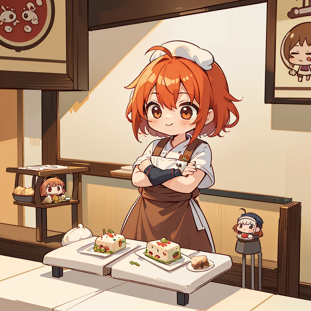(((masutepiece))), Best Quality, Extremely detailed, (Chef Costume:1.2), (Chef's Hat), (((girl)), (((Solo))), Happy, ((Half body)), Ahoge, (((Deformed))), (((Chibi Character))), ((( Restaurant))),, ((crossed arms))), (((cooking)), ((many food)), (( food on table)), ((girl stand behind table))