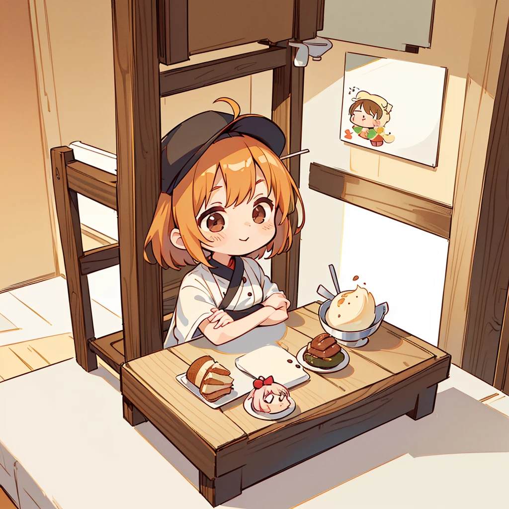 (((masutepiece))), Best Quality, Extremely detailed, (Chef Costume:1.2), (Chef's Hat), (((girl)), (((Solo))), Happy, ((Half body)), Ahoge, (((Deformed))), (((Chibi Character))), ((( Restaurant))),, ((crossed arms))), (((cooking)), ((many food)), (( food on table)), ((girl stand behind table))