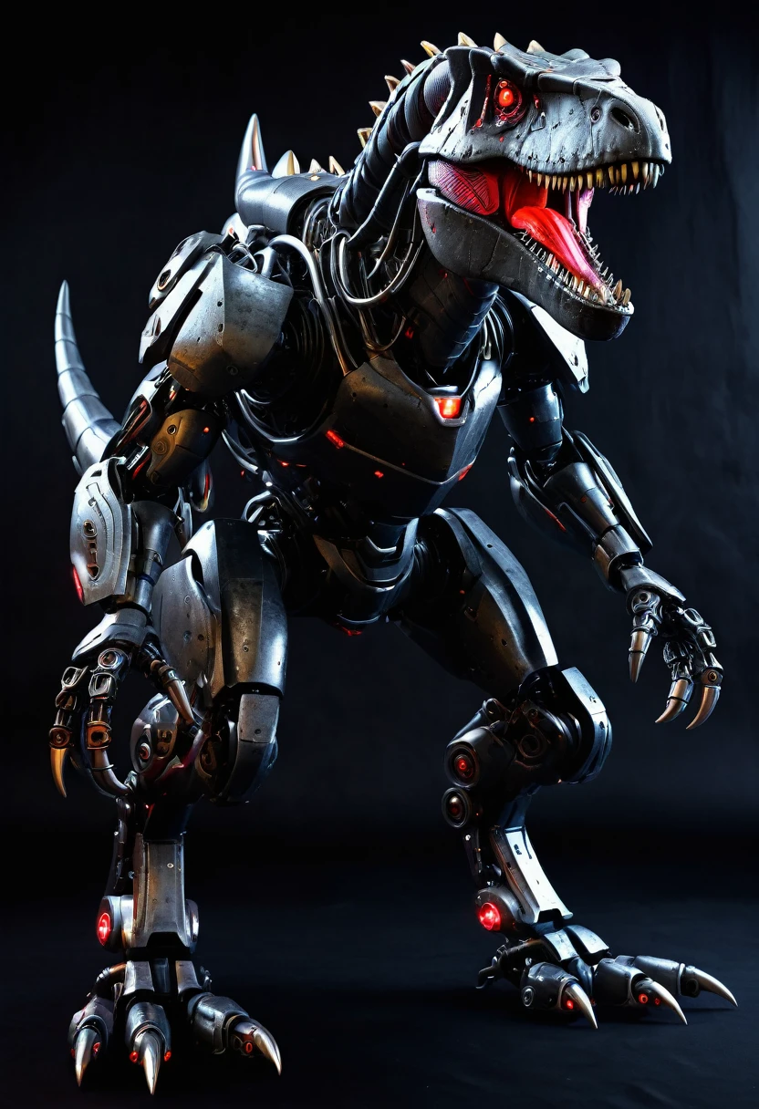 Mecha t-rex, robot dinosaur, dark colored, dark side, villain, red light eyes, mechine dinosaur robot, full body, full body view,