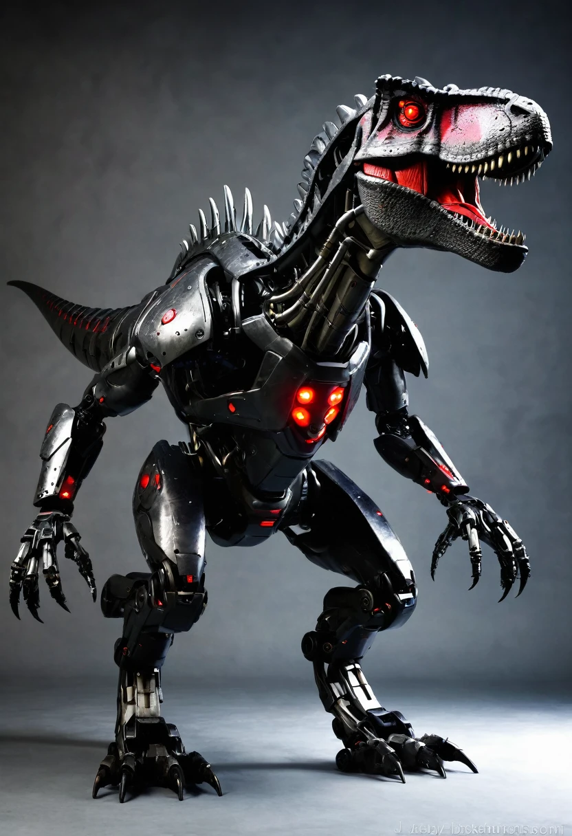 Mecha t-rex, robot dinosaur, dark colored, dark side, villain, red light eyes, mechine dinosaur robot, full body, full body view,