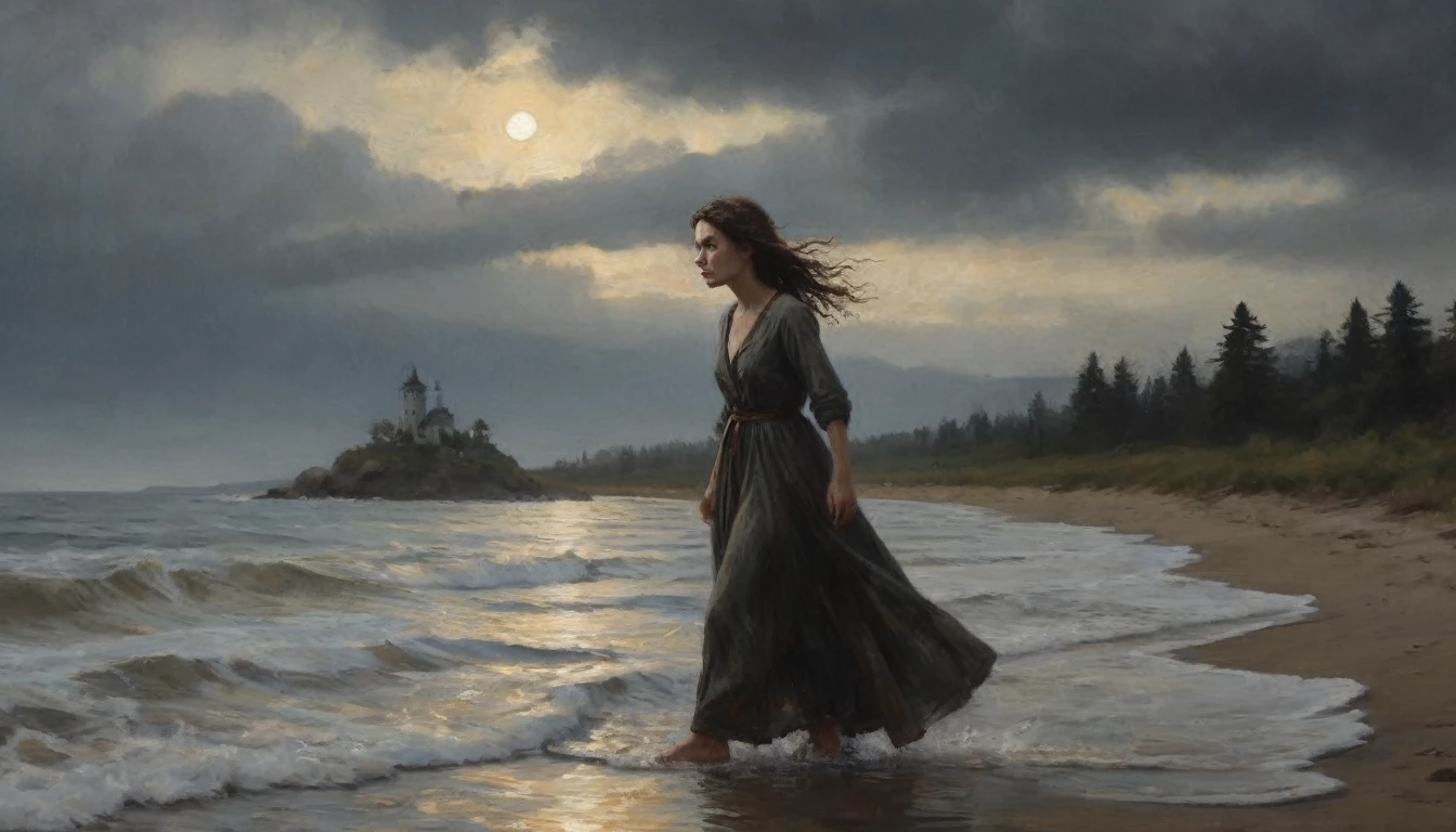 (best quality,4k,8k,highres,masterpiece:1.2),ultra-detailed,(realistic, photorealistic,photo-realistic:1.37), ((Horrow, scary scene, night: 1.5)), (I was paralyzed with fear. The figure gradually approached the shore and finally emerged. It was a young woman who had been reported missing. She stood there with a blank expression, her wet hair hanging down, and she reached out towards me.)
