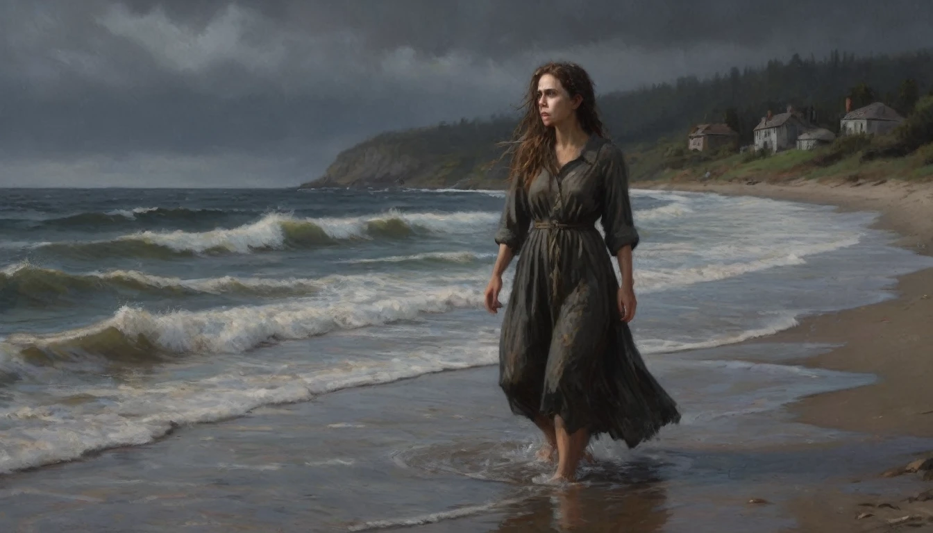 (best quality,4k,8k,highres,masterpiece:1.2),ultra-detailed,(realistic, photorealistic,photo-realistic:1.37), ((Horrow, scary scene, night: 1.5)), (I was paralyzed with fear. The figure gradually approached the shore and finally emerged. It was a young woman who had been reported missing. She stood there with a blank expression, her wet hair hanging down, and she reached out towards me.)