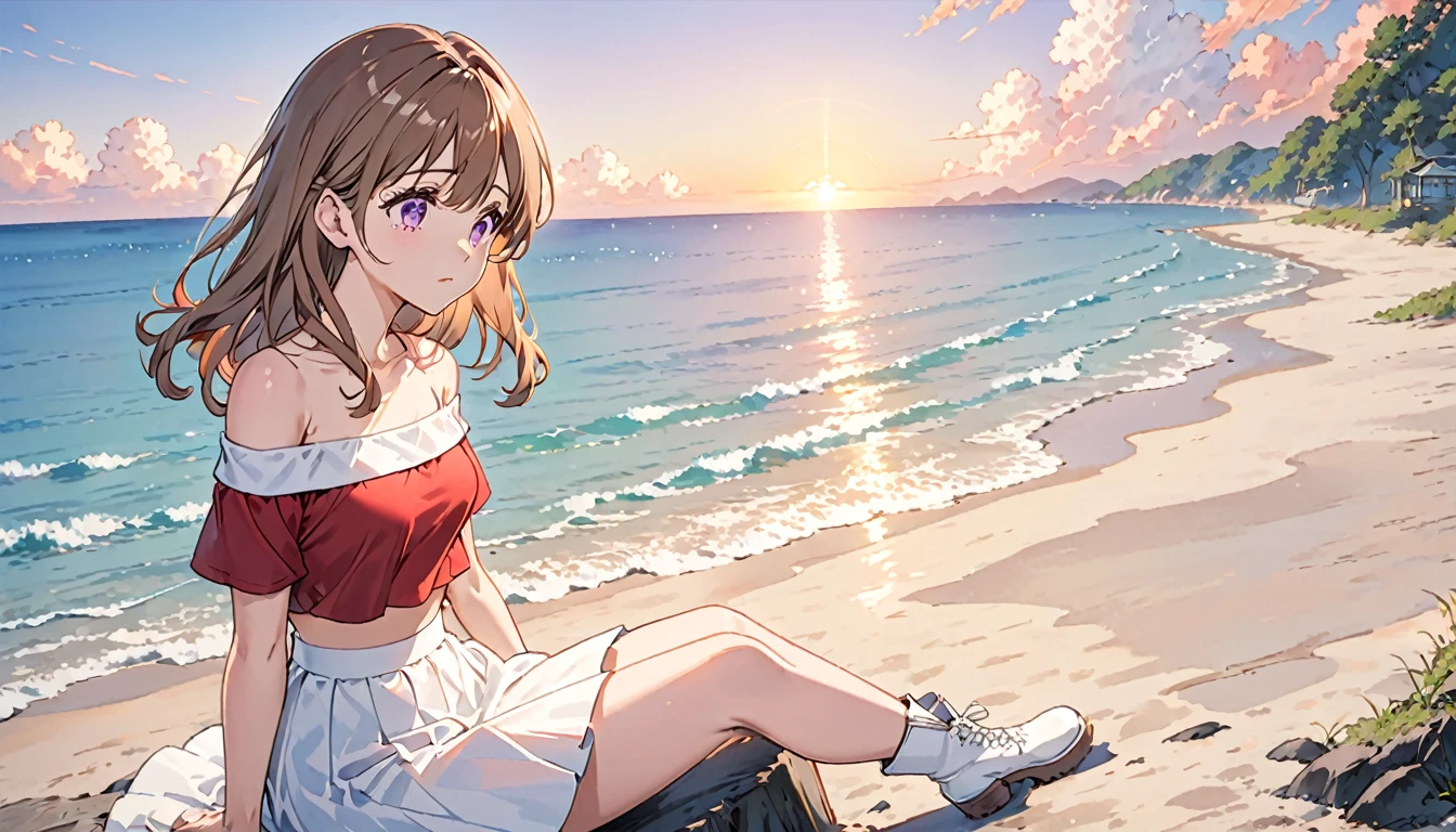 春のヴァスのAnime Styleの写真、Anime girl with long light brown hair and purple eyes、Off-the-shoulder tight T-shirt、Red crop top、White Skirt、At the Beach、Looking at the sea、Wearing long white boots、Sunset、Sad Pose、Full Body Shot、Tuck Sitting、Anime Style、Sitting crying