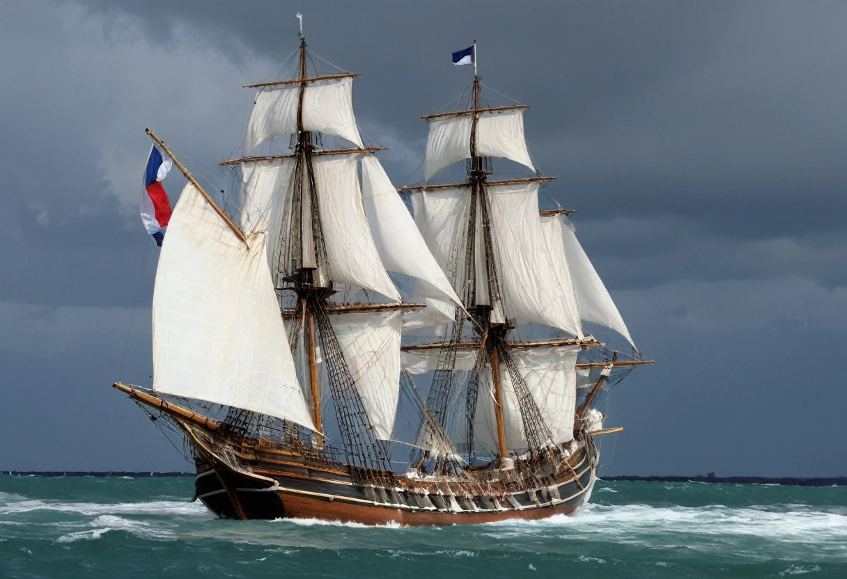 Tall ships of the seventeenth century with large white sails cannons a wooden hull butt. The ship is of French nationality and it sails on the ocean in full storm. [Sailboats] [Boat] [Ship] [Sail] [Magnificent] [Sea] [Ancient] [Storm]