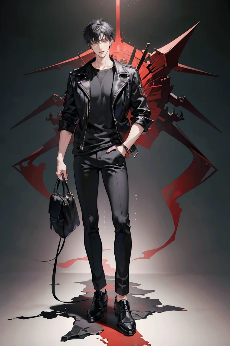 (masterpiece), best quality, seductive eyes, perfect face, handsome man, red eyes, short messy black hair, long nose, plain black t-shirt, black fitted pants, black leather jacket, full body, extremely tall man, long legs, long calves, anime cover, 1boy, ear piercings, hands in pockets, adult-like look, motorcycle
