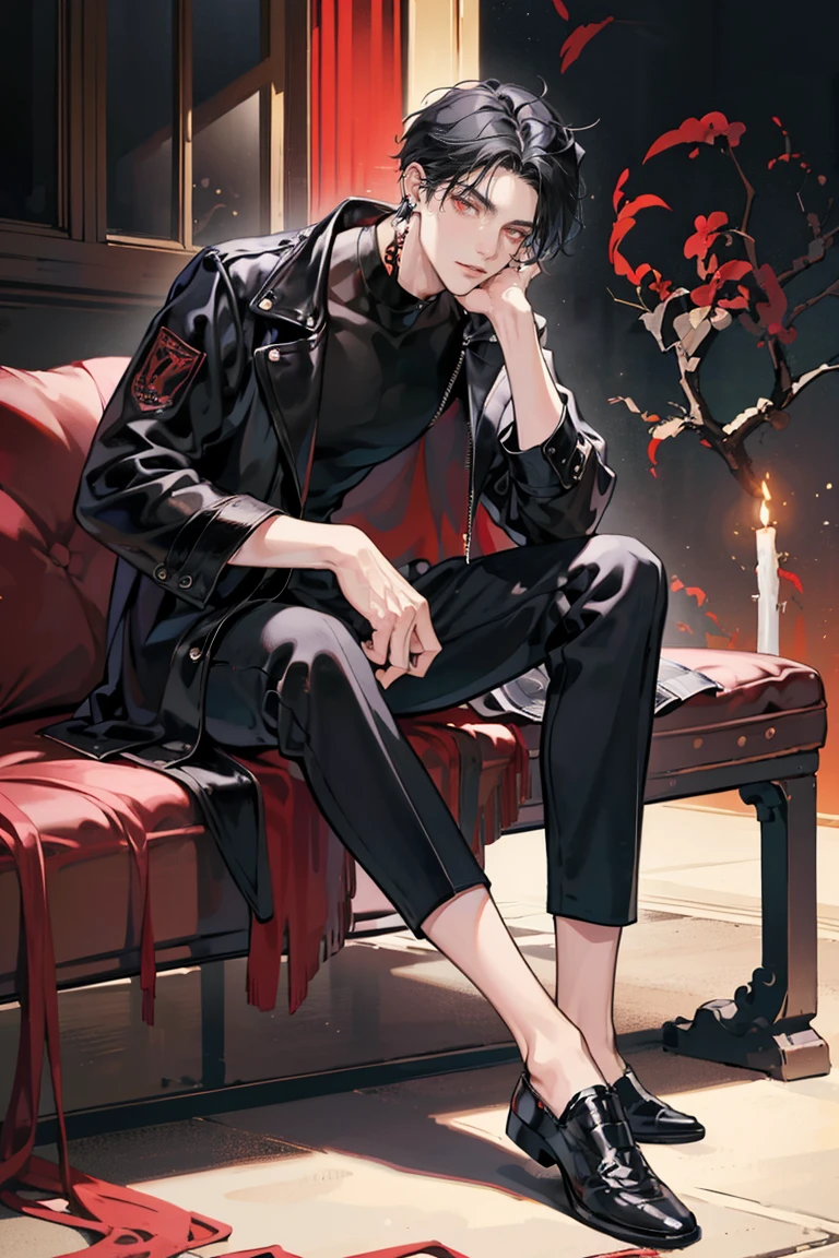 (masterpiece), best quality, seductive eyes, perfect face, handsome man, red eyes, short messy black hair, long nose, plain black t-shirt, black fitted pants, black leather jacket, full body, extremely tall man, long legs, long calves, anime cover, 1boy, ear piercings, hands in pockets, adult-like look, big bike