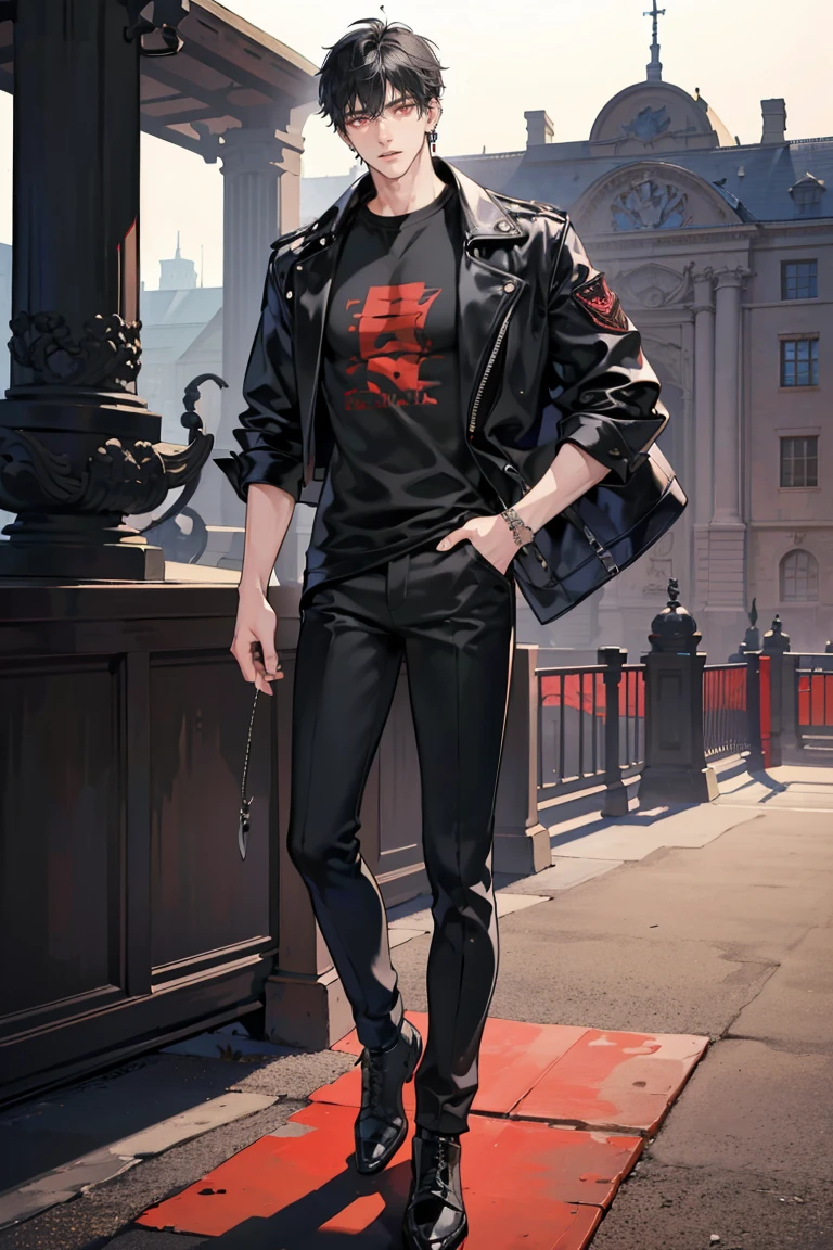 (masterpiece), best quality, seductive eyes, perfect face, handsome man, red eyes, short messy black hair, long nose, plain black t-shirt, black fitted pants, black leather jacket, full body, extremely tall man, long legs, long calves, anime cover, 1boy, ear piercings, hands in pockets, adult-like look, big bike