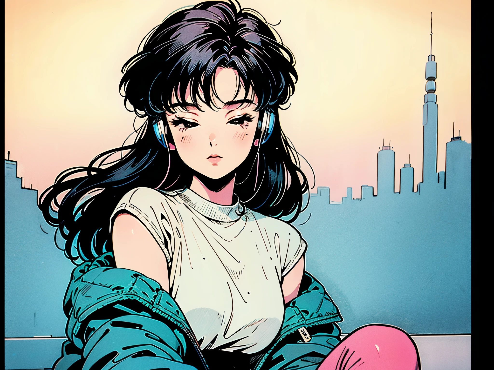 Highest quality,wallpaper,masterpiece,Very detailed,8K,wallpaper,Retro,((1 female:1.5)),Long-haired woman,Wearing headphones and listening to music,Getting in the rhythm,Eyes closed,City Pop,Urban Pop,Retroなレコードジャケットのイラスト