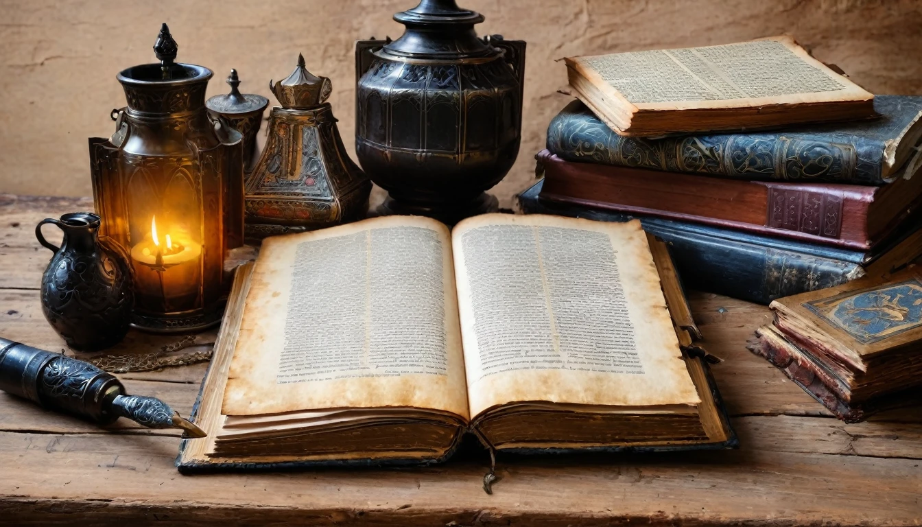 old books, manuscripts, on a table, medieval design, ink painting, on old paper