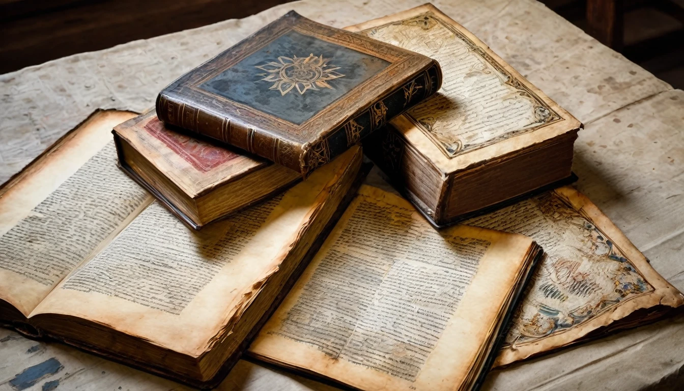old books, manuscripts, on a table, medieval design, ink painting, on old paper