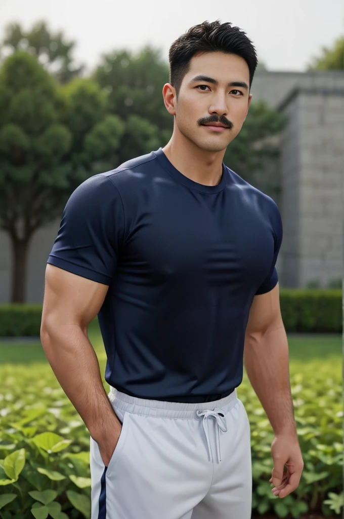 Masterpiece, best quality, high resolution, realistic, handsome, Take beautiful photos, Sayk, NRF, Photo of the 35 year old gym association (The man has a thin mustache.),Full body, Portrait, standing in the garden , make military media, weight, Amazing , Buzzcut short hair,stubble head , (Hyper Muscle),looking at the audience, Flirt with the camera, charming, (Tight navy blue workout shirt. ),(GS-Male:1), 8K,Bokeh,Portrait,look at the viewer,