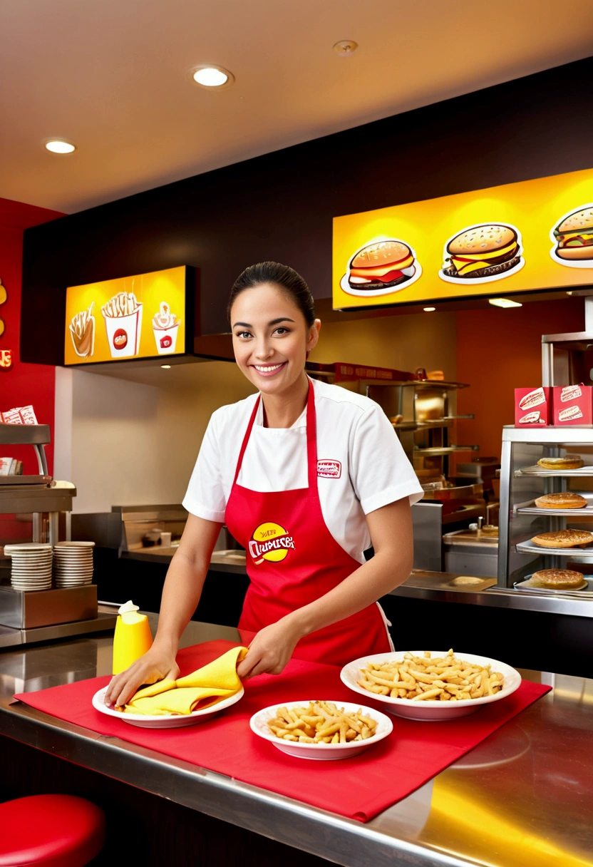 (Fast Food Worker), A fast food clerk stood behind the counter, quickly packaging hamburgers and fries in his hands, with a friendly smile on his face. The background was a busy fast food restaurant, with lively music playing inside and customers coming in a continuous stream. The clerk ordered while having pleasant conversations with customers, full body, (Photography), panoramic view, award-winning, cinematic still, emotional, vignette, dynamic, vivid, (masterpiece, best quality, Professional, perfect composition, very aesthetic, absurdres, ultra-detailed, intricate details:1.3)