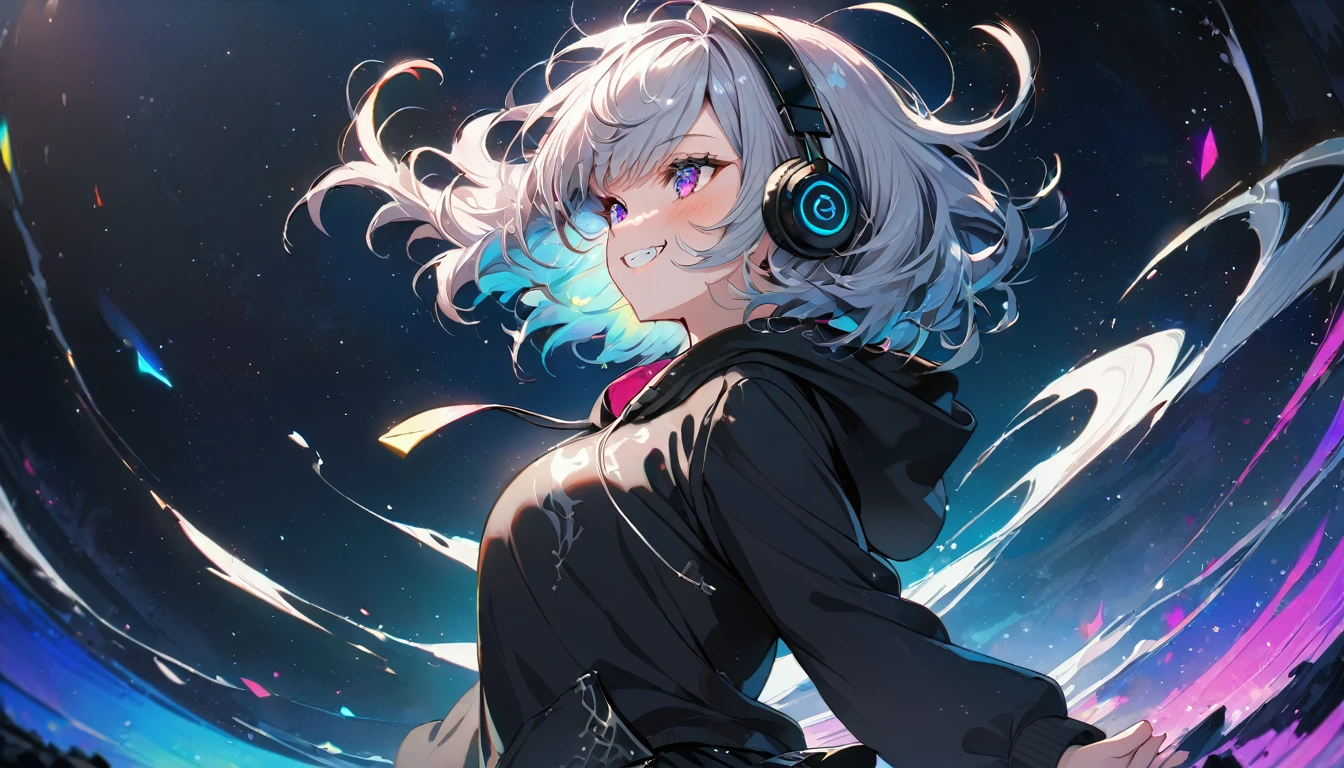 ((Masterpiece)), ((best quality)), (Anime:1.3), (super detail:1.2), (High Definition:1.3), (Professional Photography:1.3), A cute young Girl, Glossy unruly hair, (loose swept bangs), (silver ash hair), medium hair, big eyes, (Eye bags:1.3), (Long eyelashes), colorful eyes, (evil smile and blush), Glossy lips, (jagged teeth), farewell, ((black hoodie with oversized)), barearms, cute, (Gazing Skyward), (colorful:1.3), gothic makeup, (wearing headphone), black mini skirt, wind, beautiful, dancing, pretty, Celtic, maniac, full body, colorful petals dance around, starry night, (dutch angle:1.3), (from side:1.3),