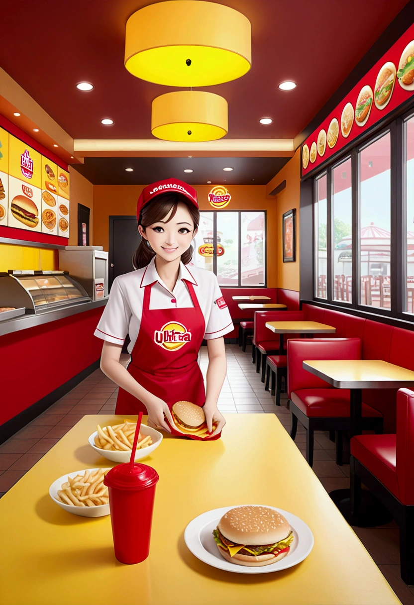 (Fast Food Worker), A fast food clerk holding a cloth is busy cleaning the table inside the restaurant. The decoration is brightly colored, with the logo of the fast food brand hanging on the wall. The clerk's face is filled with a satisfied smile, and the background is a bright fast food restaurant, full body, (Photography), panoramic view, award-winning, cinematic still, emotional, vignette, dynamic, vivid, (masterpiece, best quality, Professional, perfect composition, very aesthetic, absurdres, ultra-detailed, intricate details:1.3)