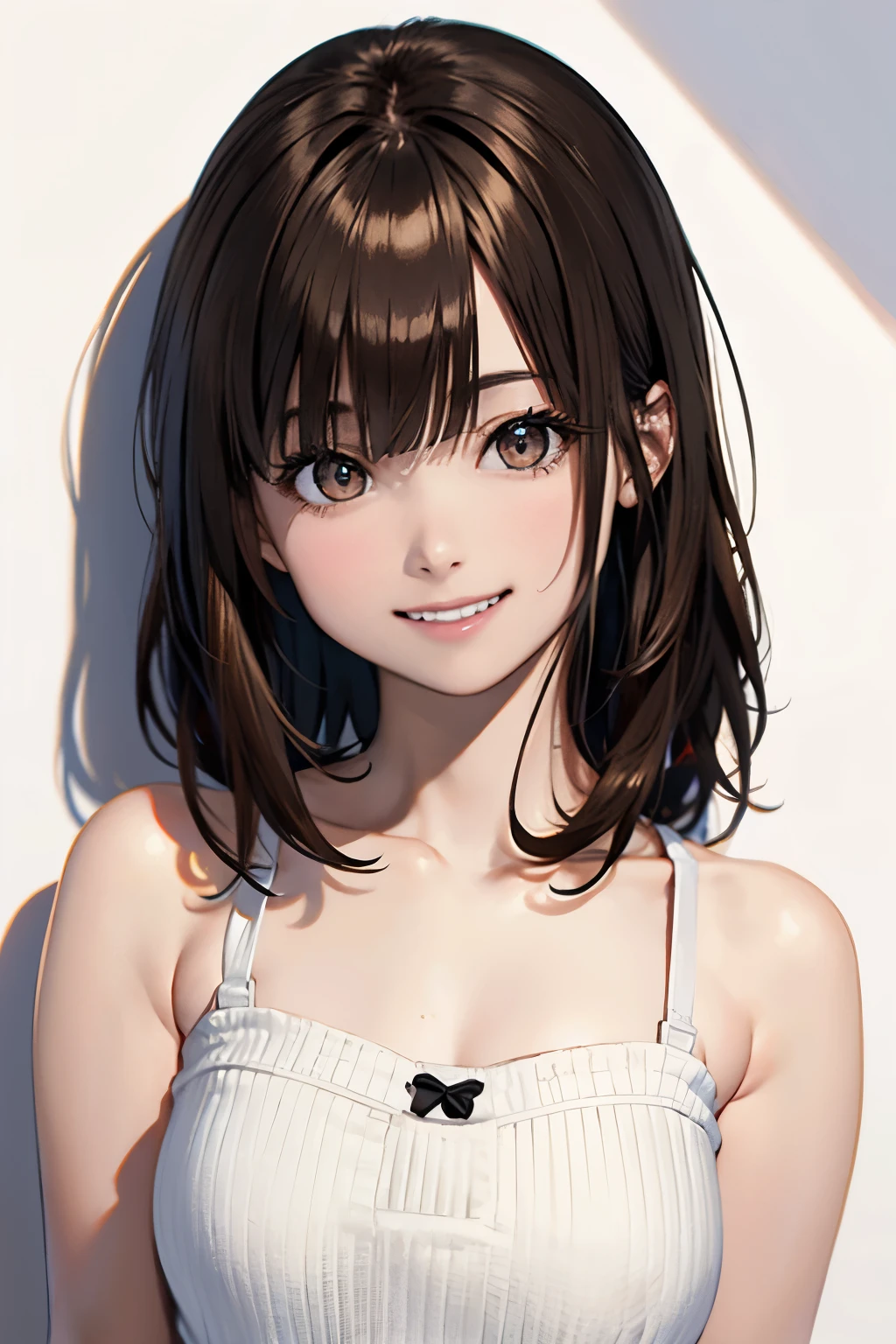 (Highest quality, 8K, oil, Tabletop:1.2), Super detailed, (((Frame In)))、(((Bust Shot)))、(((There is no light and shadow)))、(((Brown Hair)))、(((camisole)))、(((Bob Hair)))、((( White Background)))、(((Girly Hairstyles)))、(((In front of a white wall)))、(((smile)))、(((Teeth are visible)))、(((No shadow)))
