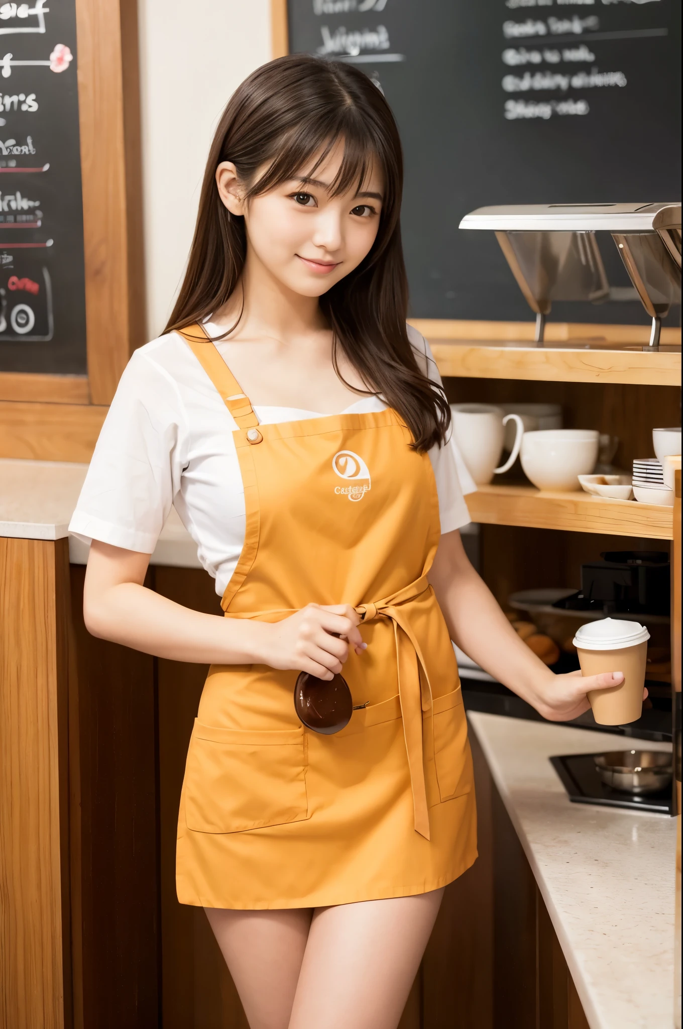 Pretty 21 year old woman(Japanese face)Wearing an apron and a miniskirt, working at the coffee cafe with sunflours