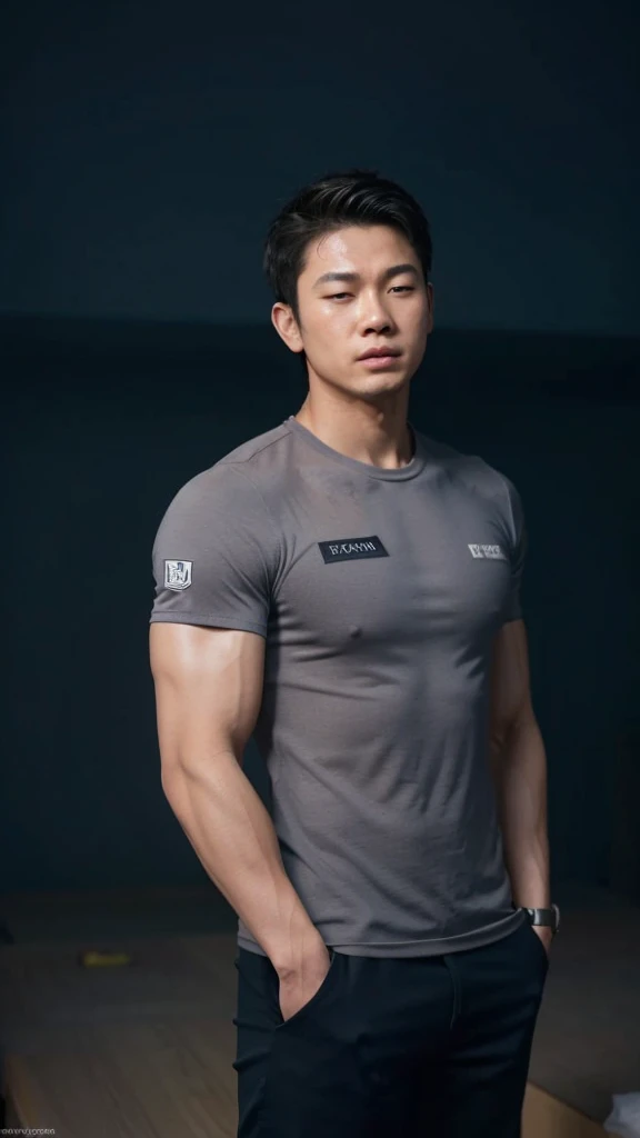 YA novel, realistically, 3d, two men hugging each other, see face, Take off your shirt., has clear muscles, Lean, Asian skin, short hair style, touch the back, embrace, light hits, In the building, On the bench, Hot Weather, Sweat beads, Oily skin, clear muscles, rope to tie hands, Blindfold, tense muscles