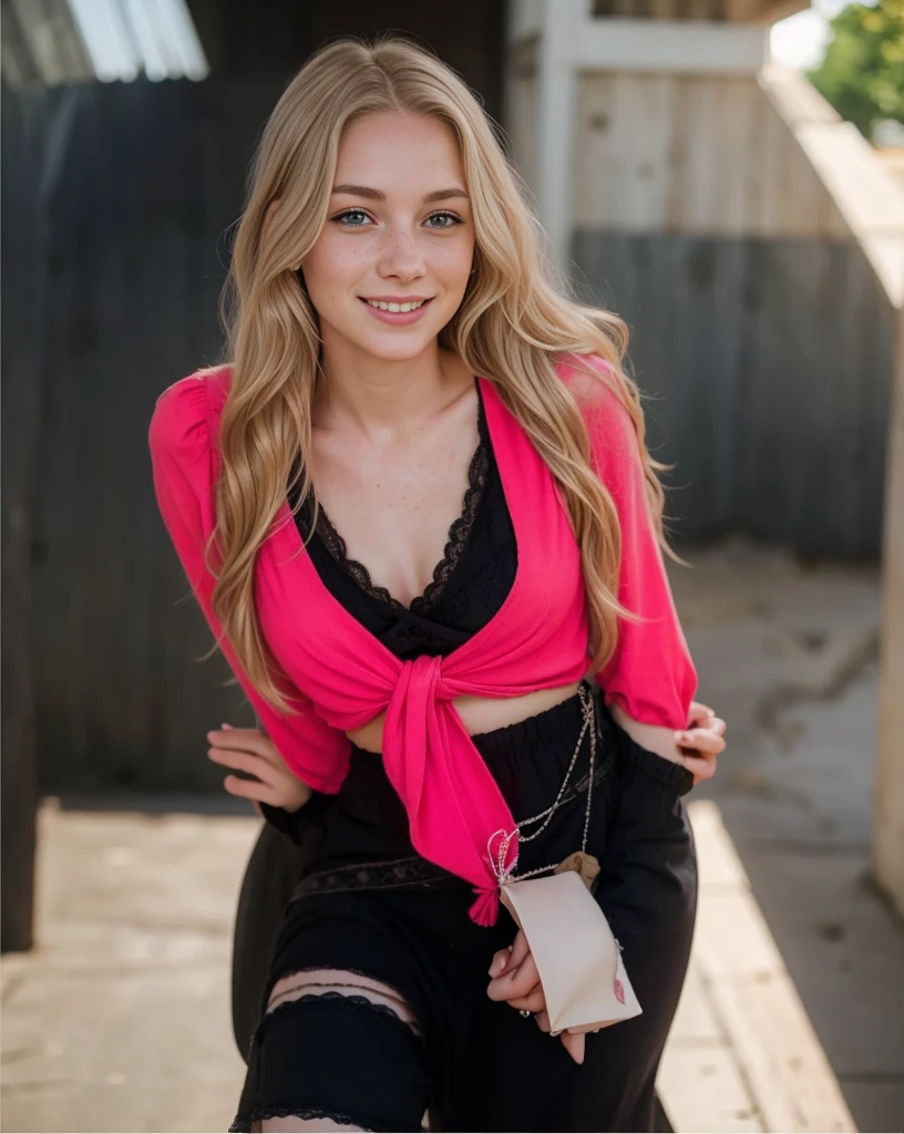 one woman, Americana, age 25, pale skin and freckles, grey-eyed, gentle nose, soft and tender lips, Distant, Distant, wavy, blonde hair to the waist, nice smile, face with delicate feminine features, High visualization 