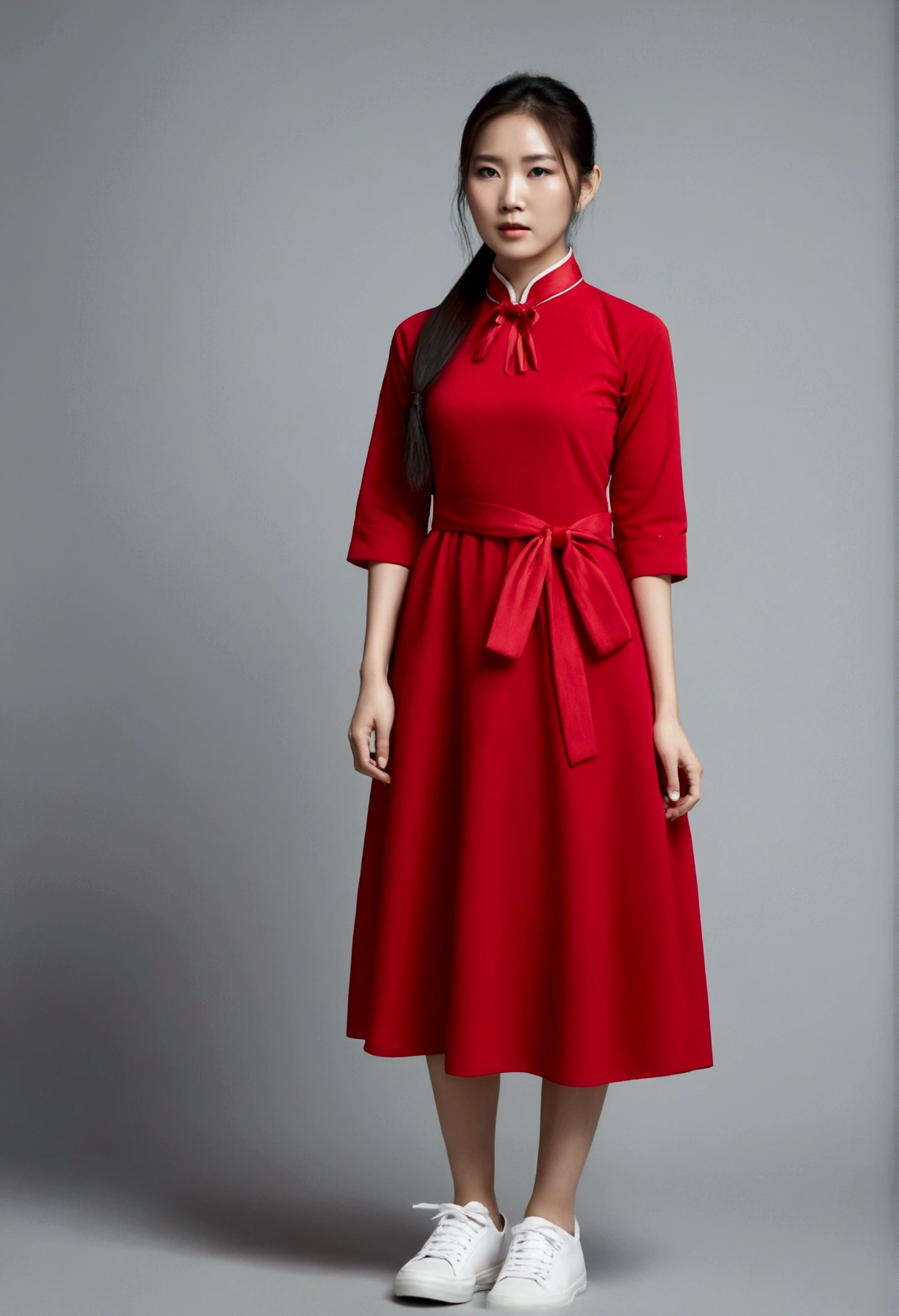 Asian woman with long hair,Ponytail, Wear a red dress, Dress with shirt collar, Three quarter sleeves, white sneakers, There is a red cloth tied around the waist.