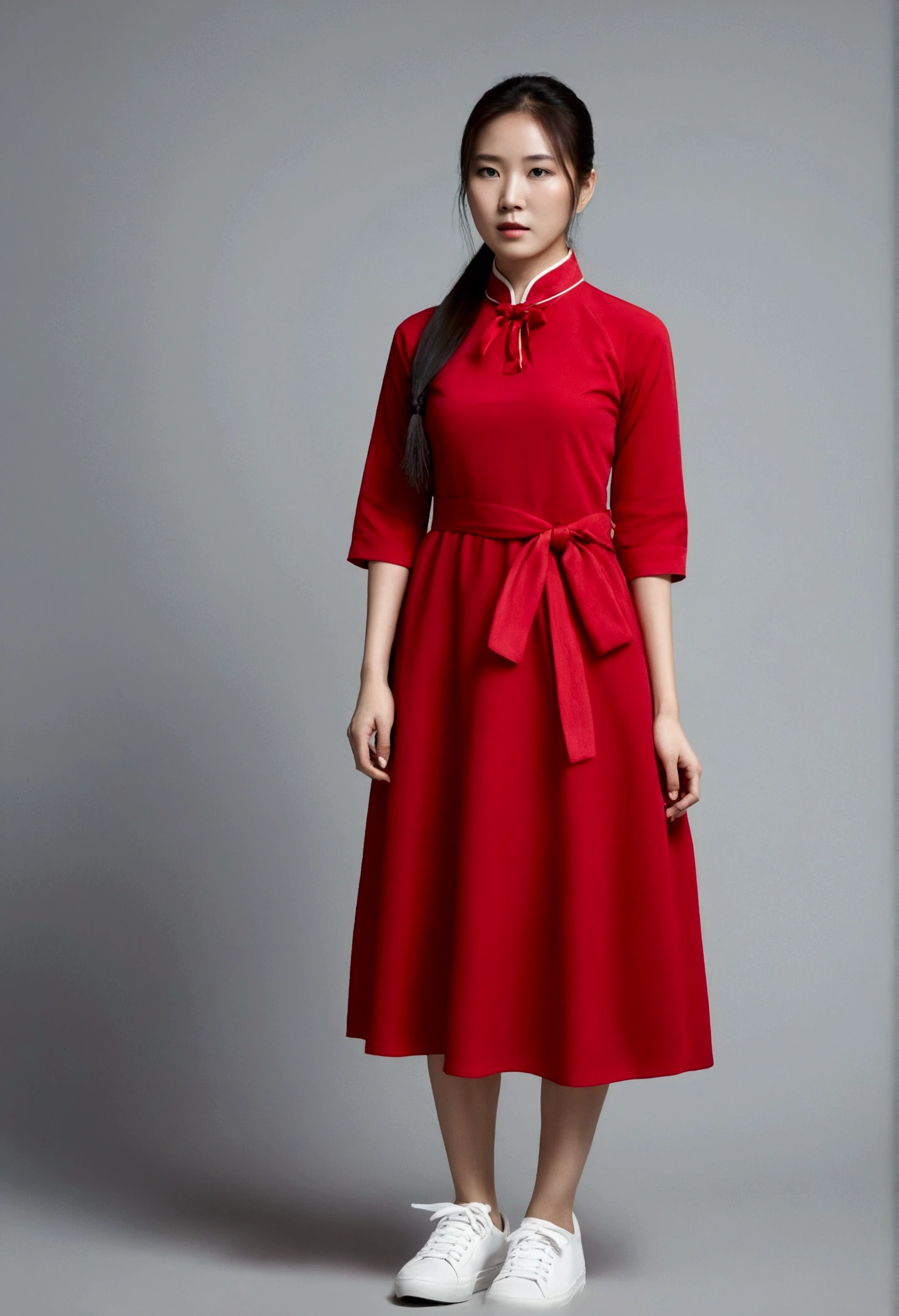 Asian woman with long hair,Ponytail, Wear a red dress, Dress with shirt collar, Three quarter sleeves, white sneakers, There is a red cloth tied around the waist.
