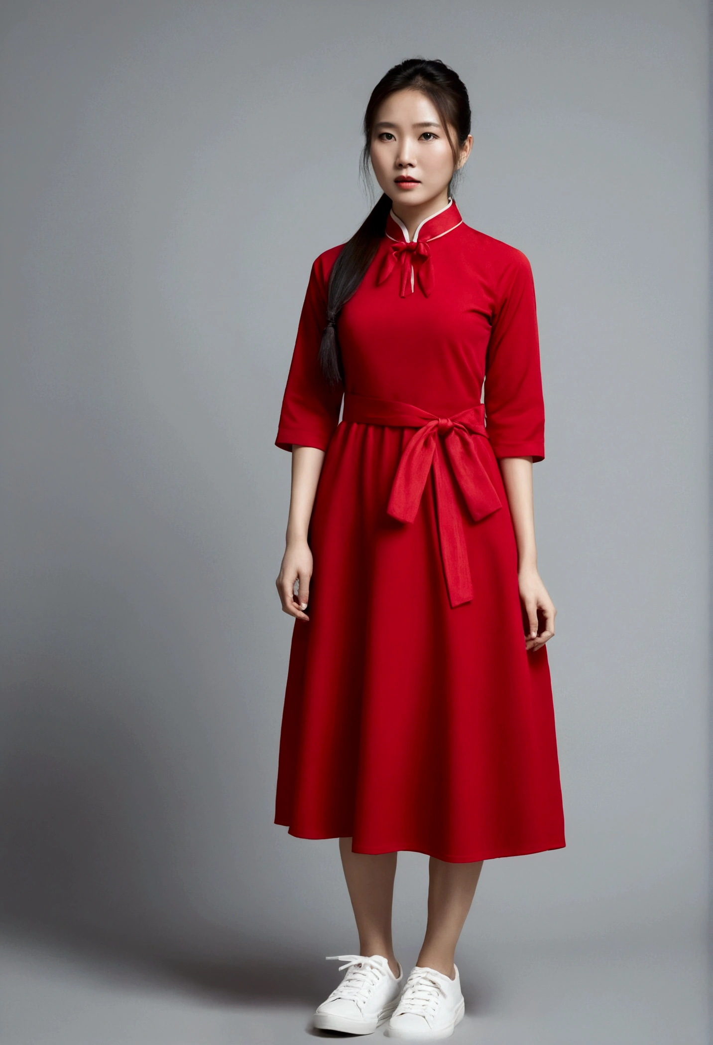 Asian woman with long hair,Ponytail, Wear a red dress, Dress with shirt collar, Three quarter sleeves, white sneakers, There is a red cloth tied around the waist.