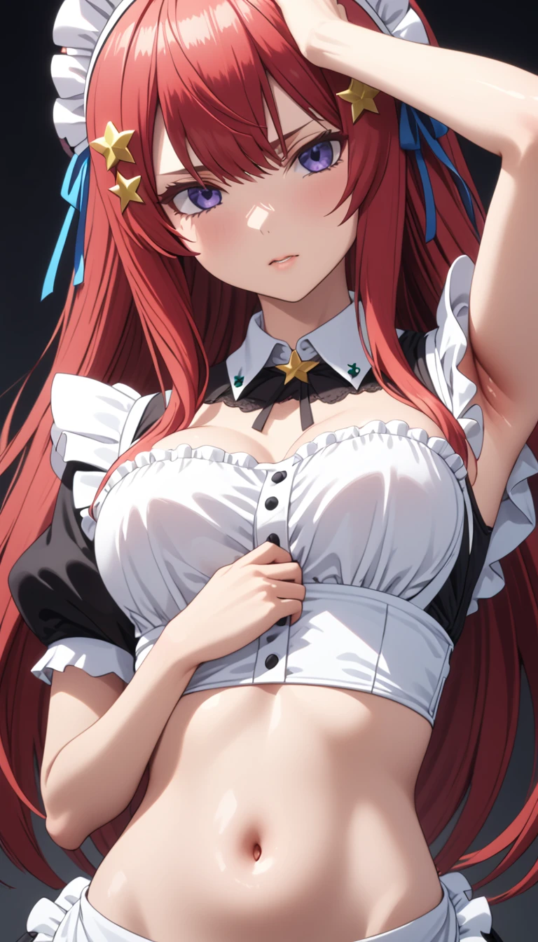 (Highest quality、Masterpiece、Very detailed、4K)、One Woman、17 years old、Red Hair、Long Hair、(((Nakano May)))、Star-shaped hair fastening、chest、arm、Beautiful armpits、Beautiful navel、((Maid clothes))