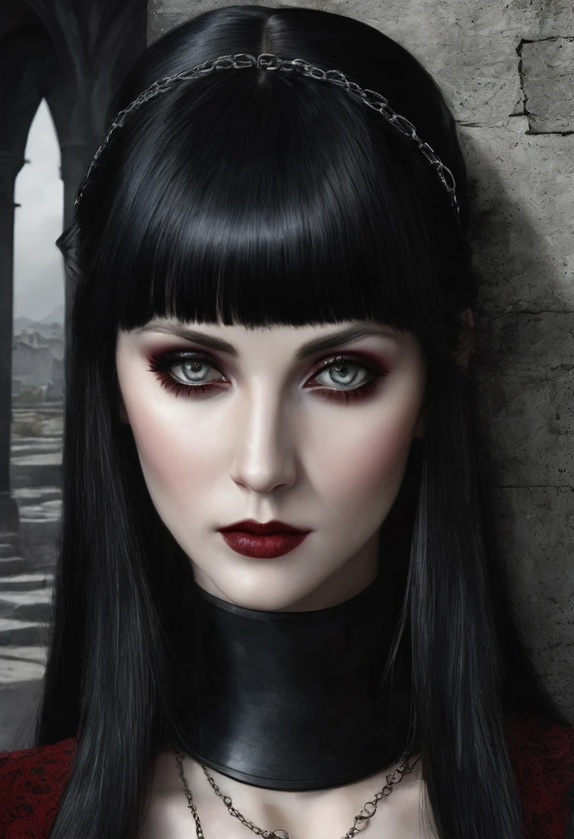 industrial gothic style woman. She has striking grey eyes, full lips in dark red with long, completely straight, black hair and straight bangs on her forehead. with something metalic medieval thing on her hair. She wears a very simple black very long gothic dress which goes to her toes and the ground. Full body portrait.The overall composition focuses on the subject's facial features , hair and dress