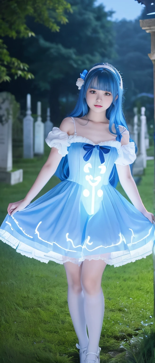 A cute and fairytale-like idol girl、whole body、Good style、、、、、、、、、、Thick legs、、Fluorescent blue and white ghost dress、Neat and clean idol face、A fairytale cemetery（Glowing）