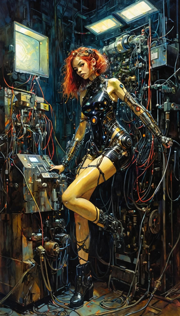 cyborg girl, charging, plugged into machinery, dark scene,(art inspired by Bill Sienkiewicz, intricate details, oil painted )