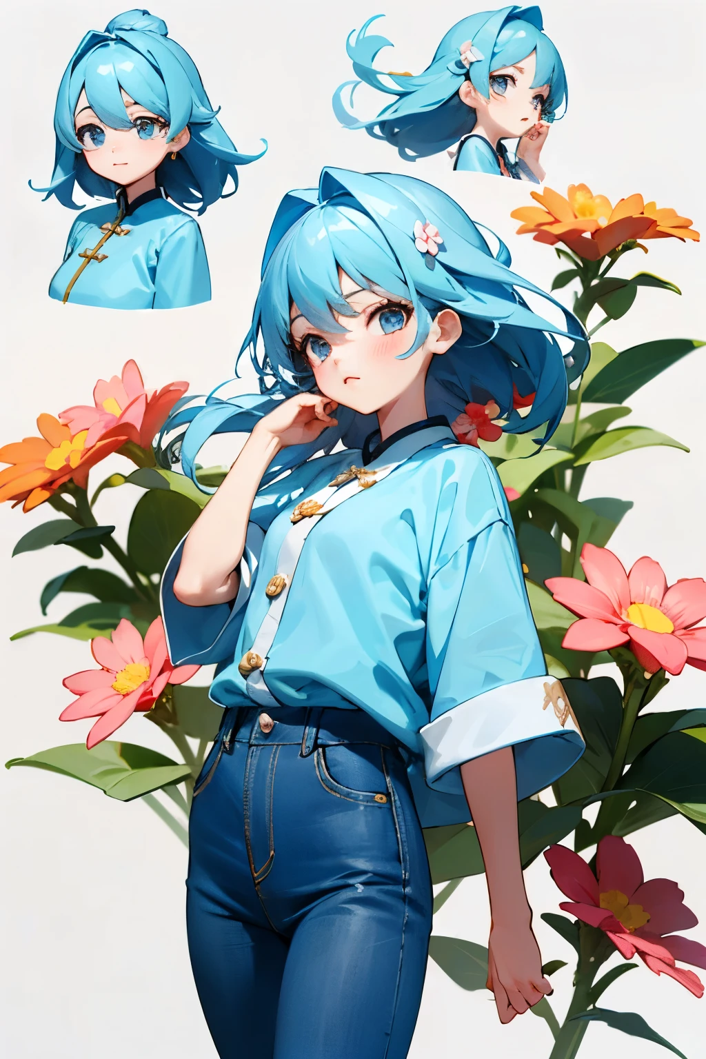 24 square images,A girl in a blue shirt and jeans,Flowers in hand,Her hair flutters in the wind。concise、Exaggerated and cute,White background。Soft white background with scattered pink petals。With interesting,Digital illustrations with a cartoon-like aesthetic,Q version cartoon style、concise smooth lines,Various emotions,Various actions,Soft colors,Q version