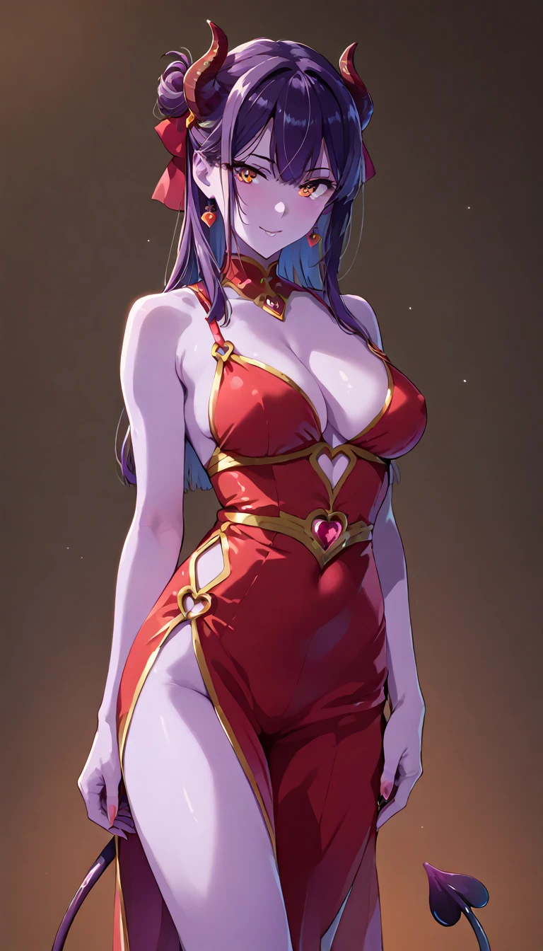 (masterpiece, best quality, ultra-detailed, high resolution, detailed eyes), (vulgar), nsfw, takeda hiromitsu style, (1woman), succubus woman, purple skin, cowboy shot