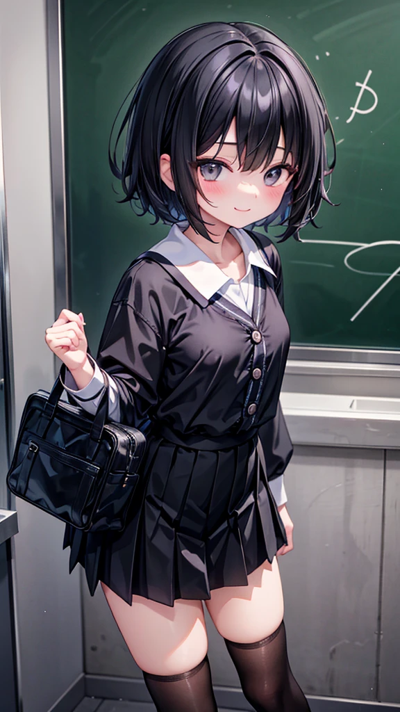 Short black hair and black eyes、primary school student, girl、Small breasts、Smile、There are bright spots around the eyes、cute hairpin、I can see the whole body、School,primary school student服