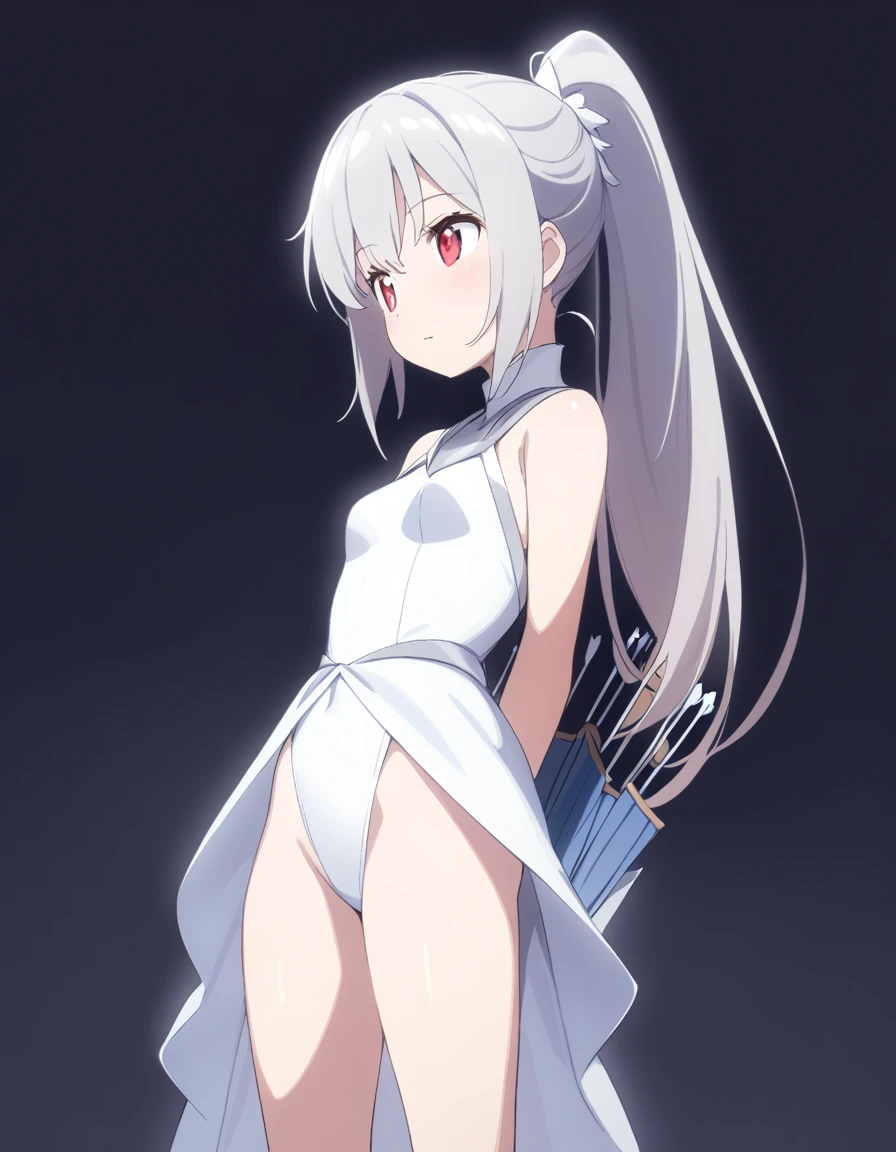 1 girl, shiny backlight, volumy long ponytail, silver hair, red eyes, middle breasts, her hair is fluttering down, white fantasic leotard outfit, white long loincloth,brown belts, long Quiver of Arrows behind back, open legs,open thighs, arched back, scerious,gazing, cowboy shot, masterpiece, best quality, general,arms behind back,