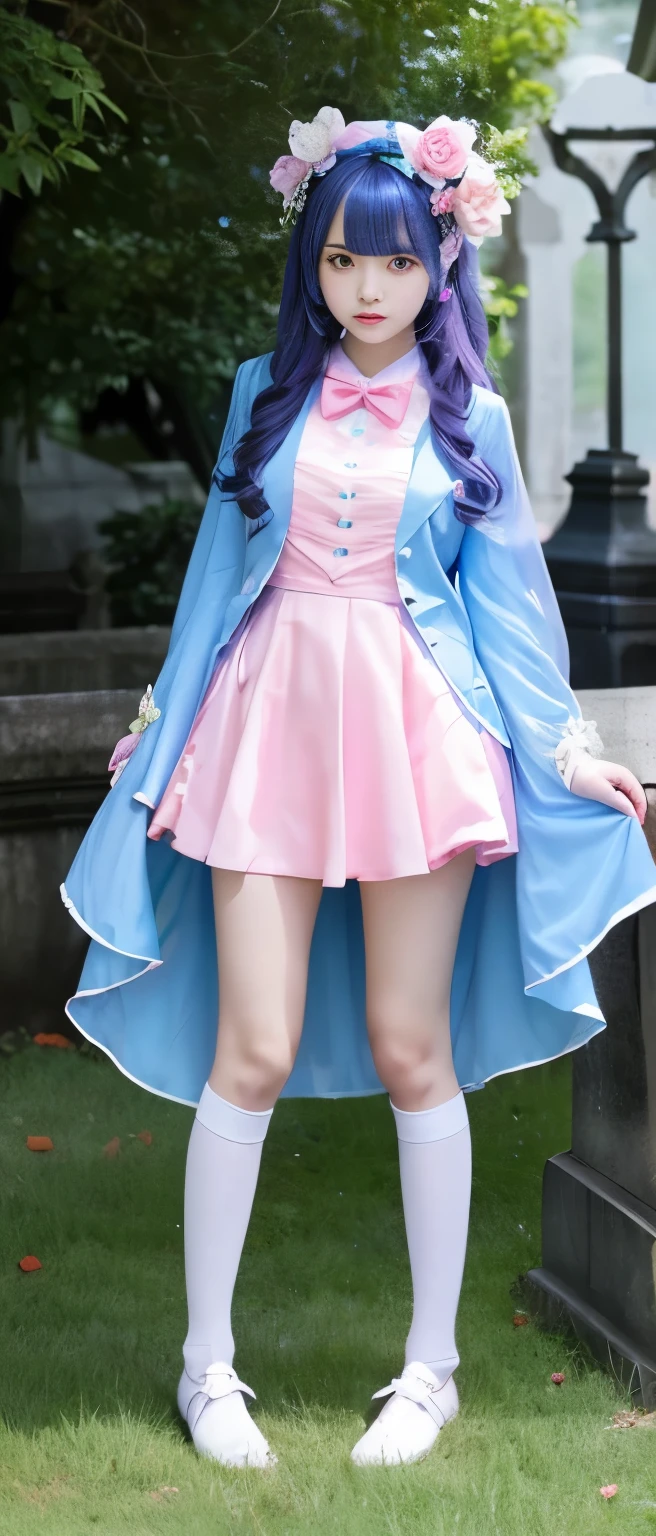 A cute and fairytale-like idol girl、whole body、Good style、、、、、、、、、、Thick legs、、Fluorescent blue and pink ghost suit、Neat and clean idol face、A fairytale cemetery（Glowing）