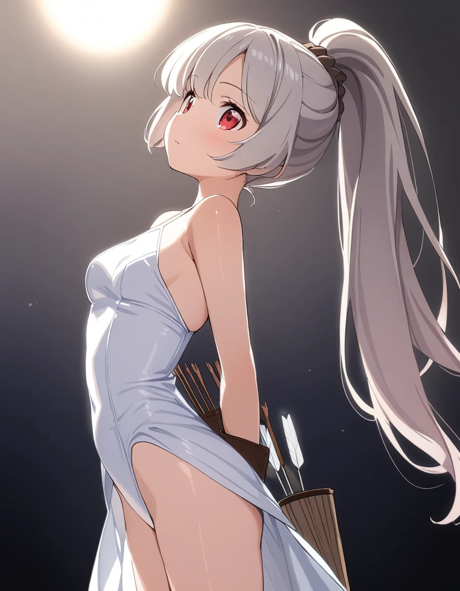 1 girl, shiny backlight, volumy long ponytail, silver hair, red eyes, middle breasts, her hair is fluttering down, white fantasic leotard outfit, white long loincloth,brown belts, long Quiver of Arrows behind back, open legs,open thighs, arched back, scerious,gazing, cowboy shot, masterpiece, best quality, general,arms behind back,