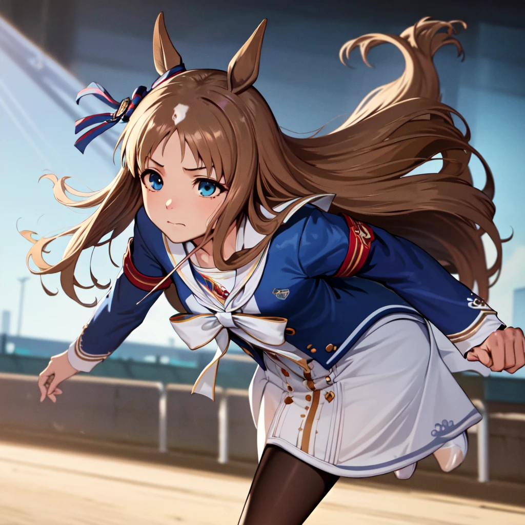 masterpiece, top quality,
Glass Wonder \(Uma Musume\),

face close up,

closed mouth, blue eyes, ((eyes/aura/blue)),

running, ((beautiful running)), racetrack, grass,

white sailor collar, blue jacket, long sleeves, armband, white dress, white skirt, black pantyhose, boots, brown footwear, mismatched footwear