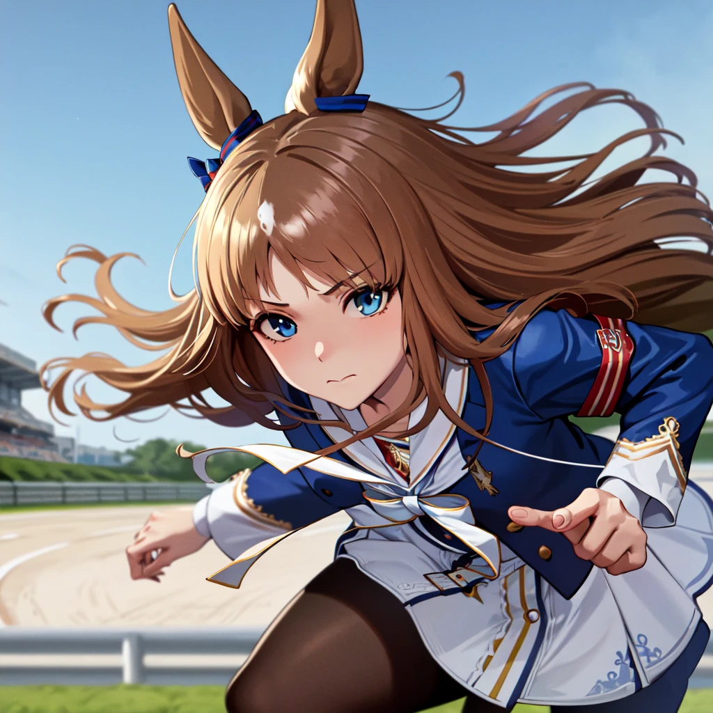 masterpiece, top quality,
Glass Wonder \(Uma Musume\),

face close up,

closed mouth, blue eyes, ((eyes/aura/blue)),

running, ((beautiful running)), racetrack, grass,

white sailor collar, blue jacket, long sleeves, armband, white dress, white skirt, black pantyhose, boots, brown footwear, mismatched footwear