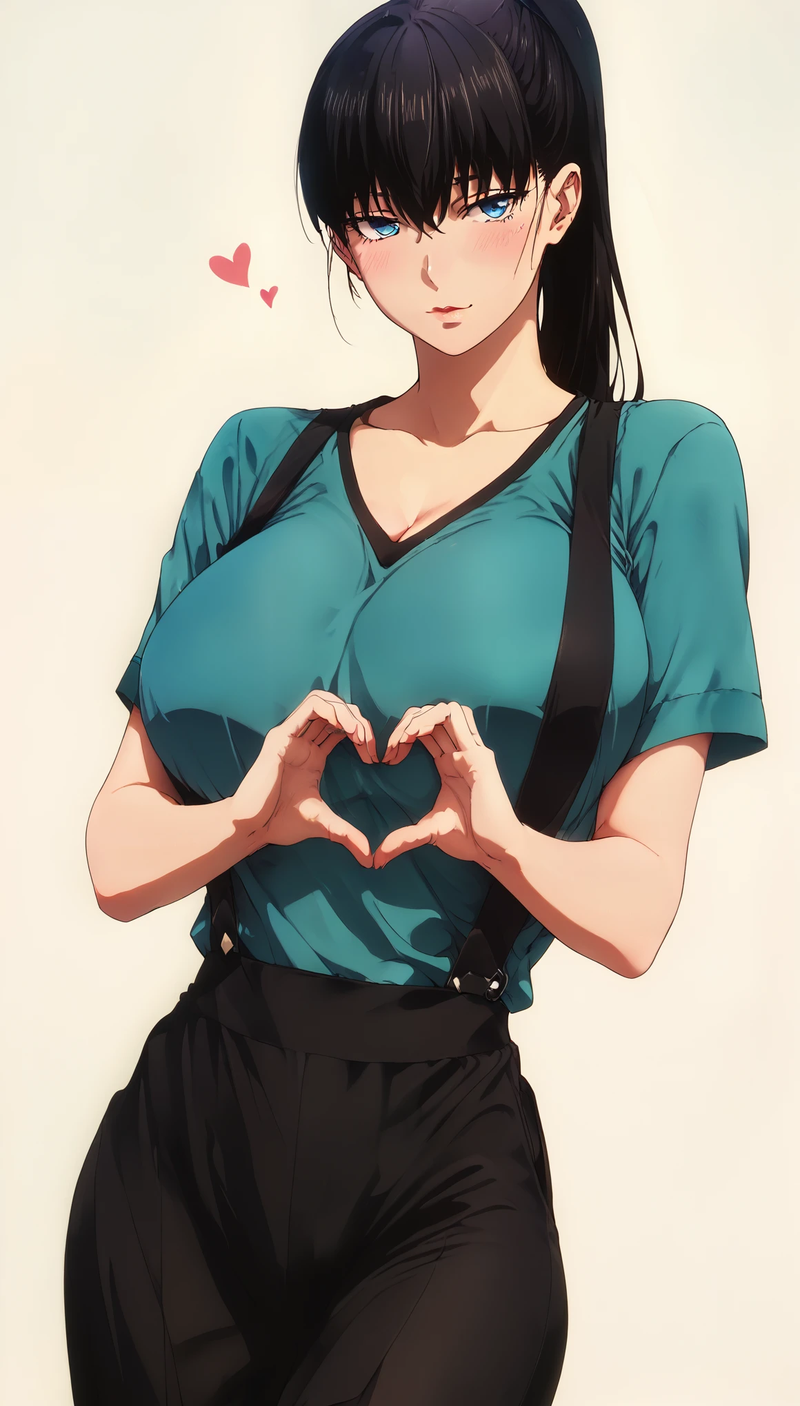 score_9, score_8_up, score_7_up, score_6_up, uncensored, akira toudou, black hair high ponytail, blue eyes, hair between eyes, BREAK (masterpiece:1.2), best quality, high resolution, (detailed eyes:1.3), perfect lighting, (perfect hands, perfect anatomy), large breasts, standing, , heart hands, 