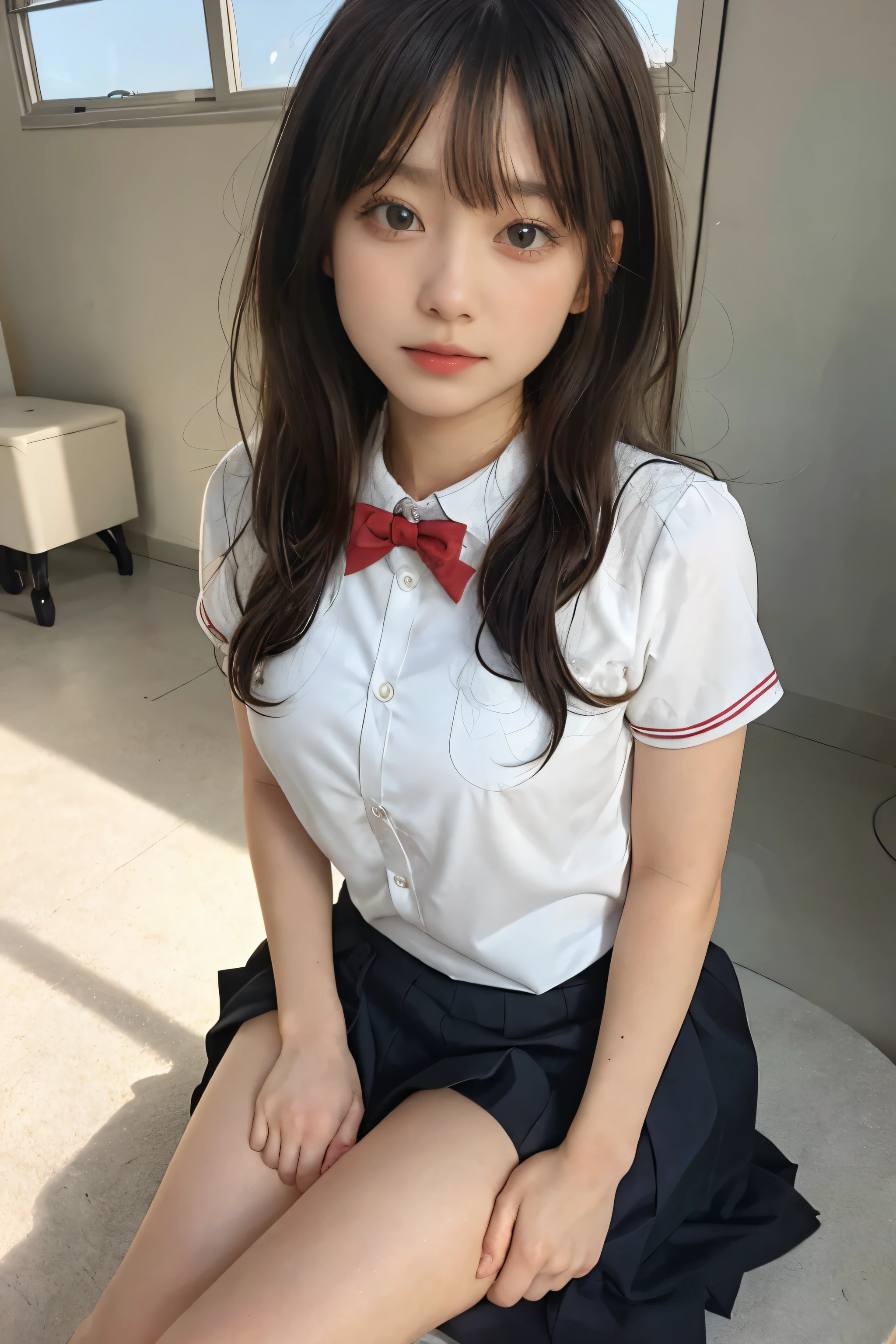 wearing short skirt、Alafid asian woman wearing bow tie sitting on train, cute schoolgirl, japanese schoolgirl, wearing japanese school uniform, japanese school uniform, a hyperactual schoolgirl, Dress up as a schoolgirl, hyperactual schoolgirl, Wearing school uniform, actual , girl wearing, Wearing school uniform, one poses, whole body, good skin, glowing skin, beautiful thighs,glowing thighs, Glowing legs, six fingers