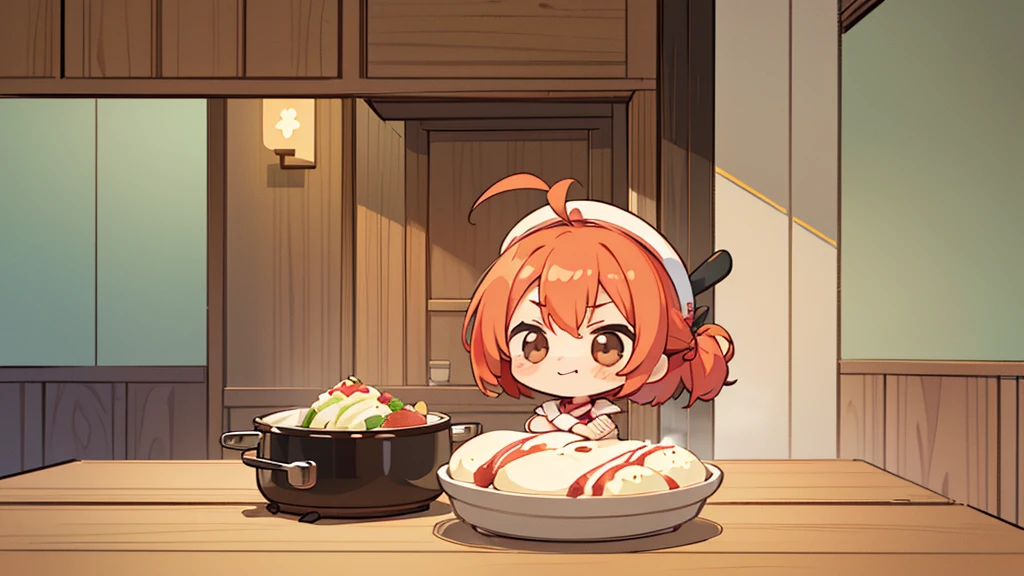 (((masutepiece))), Best Quality, Extremely detailed, (Chef Costume:1.2), (Chef's Hat), (((girl)), (((Solo))), Happy, ((Half body)), Ahoge, (((Deformed))), (((Chibi Character))), ((( Restaurant))),, ((crossed arms))), (((cooking)), ((many food)), (( food on table)), ((girl stand behind table))