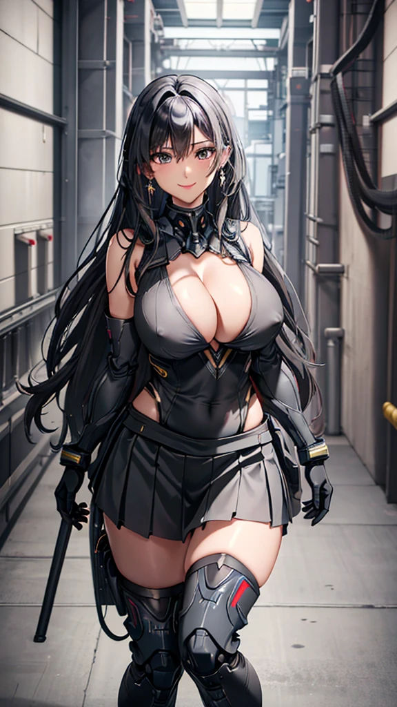 Dark gray translucent mecha，long black hair，wavy hairstyle，Huge breasts，Cleavage，Pistol hanging from waist，fighter pilot，fighter hangar，Sexy，Lipstick，Gray eyes，stockings，Short skirt，Smile，earrings，Nipples exposed，Full body，Big Ass，Full body mecha